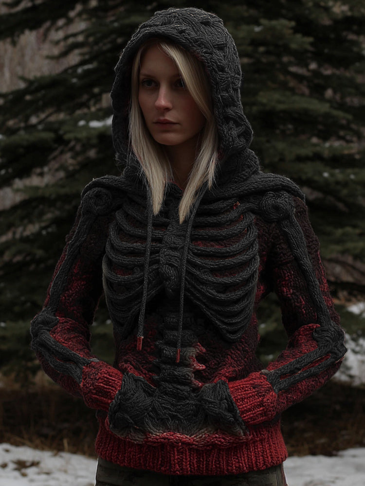 Women's Vintage White Skeleton Gradient Art Cozy Hooded Sweater