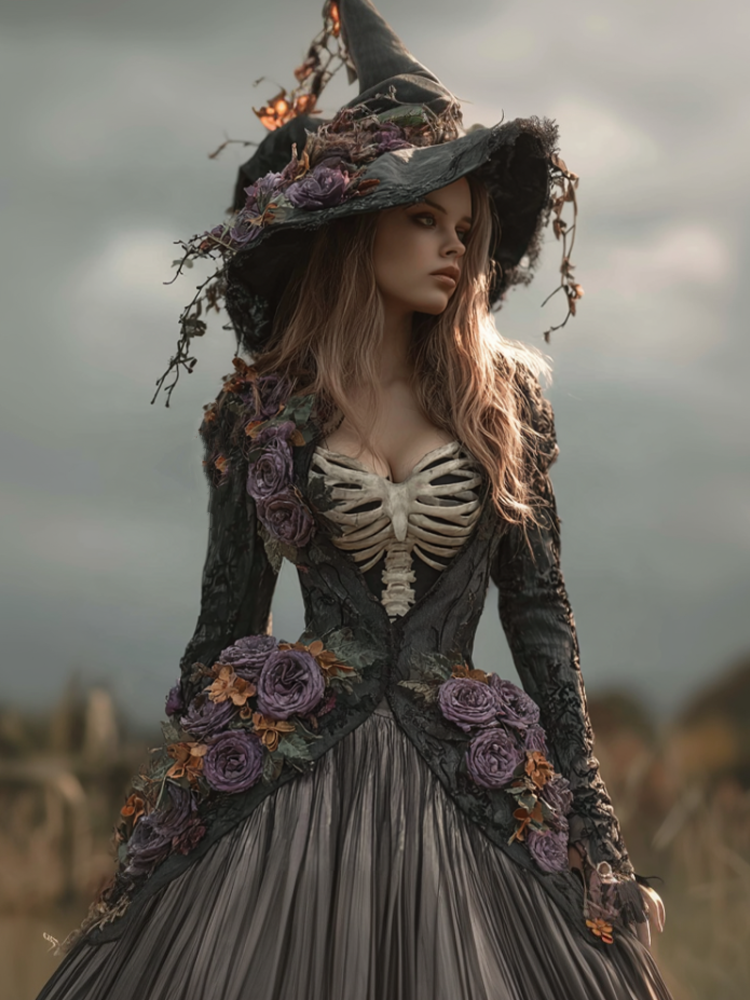 Lady's Halloween Skeleton Octopus Retro Cotton And Linen V-neck Dress