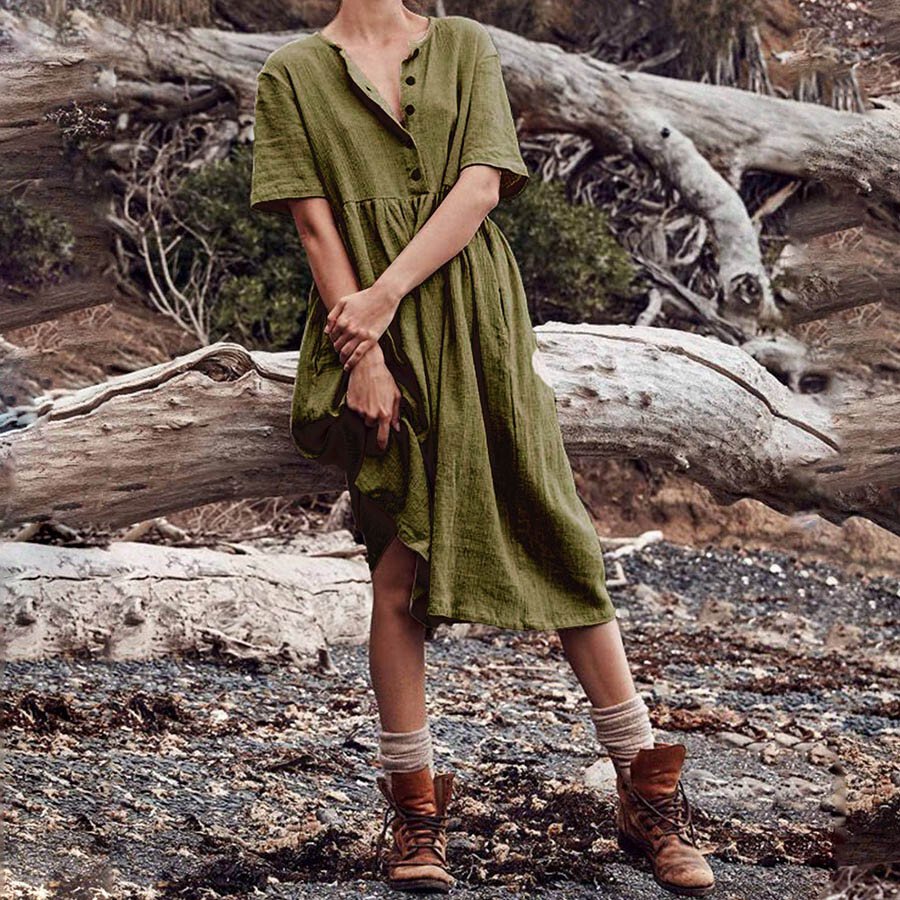 Airrys™ Pure Color Casual Cotton And Linen Short Sleeve Dress