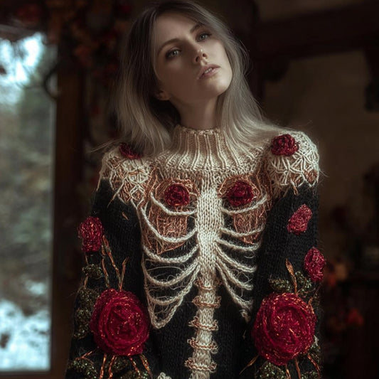 Women Halloween Skull And Rose Vintage Round Warm Neck Sweater