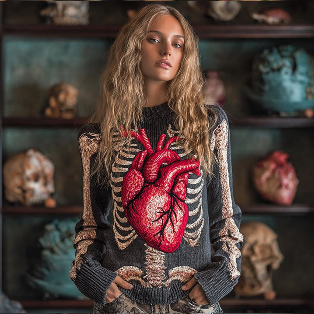 Women Halloween Human Bones Red Heart Embroidery Antique Round Neck Sweater
