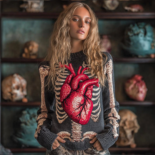 Women Halloween Human Bones Red Heart Embroidery Antique Round Neck Sweater
