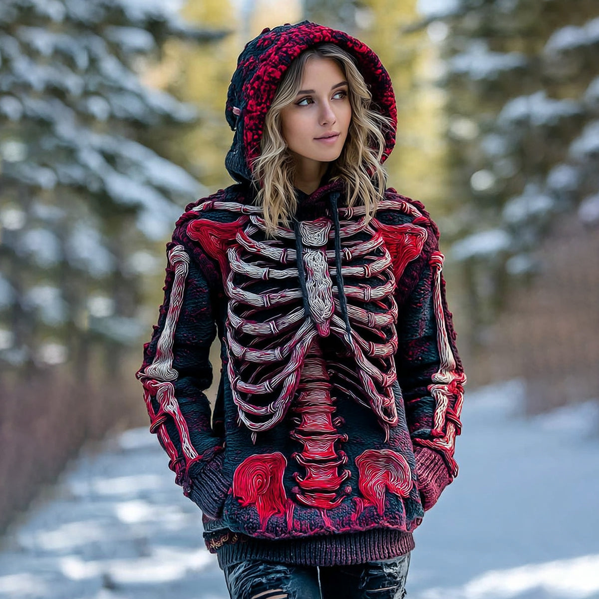 Vintage Halloween Bloody Skeleton Bones Art Chunky Knitted Hooded Sweater