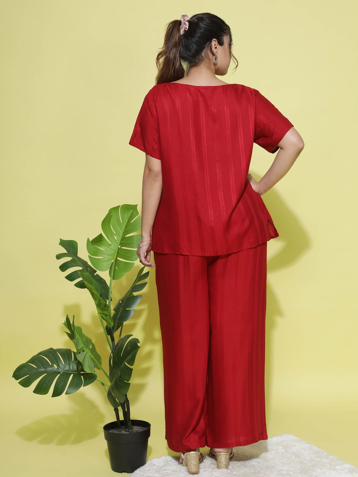 Rayon Round Neck Co-ord Sets Dark Red