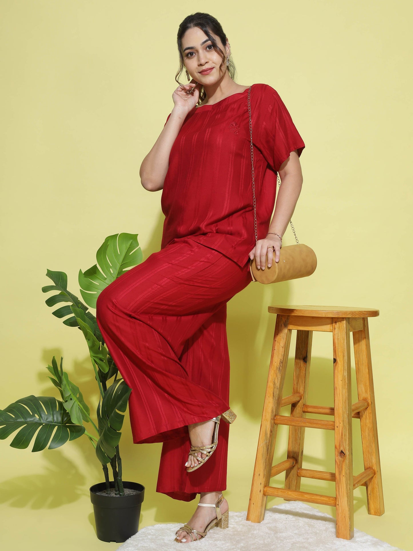 Rayon Round Neck Co-ord Sets Dark Red