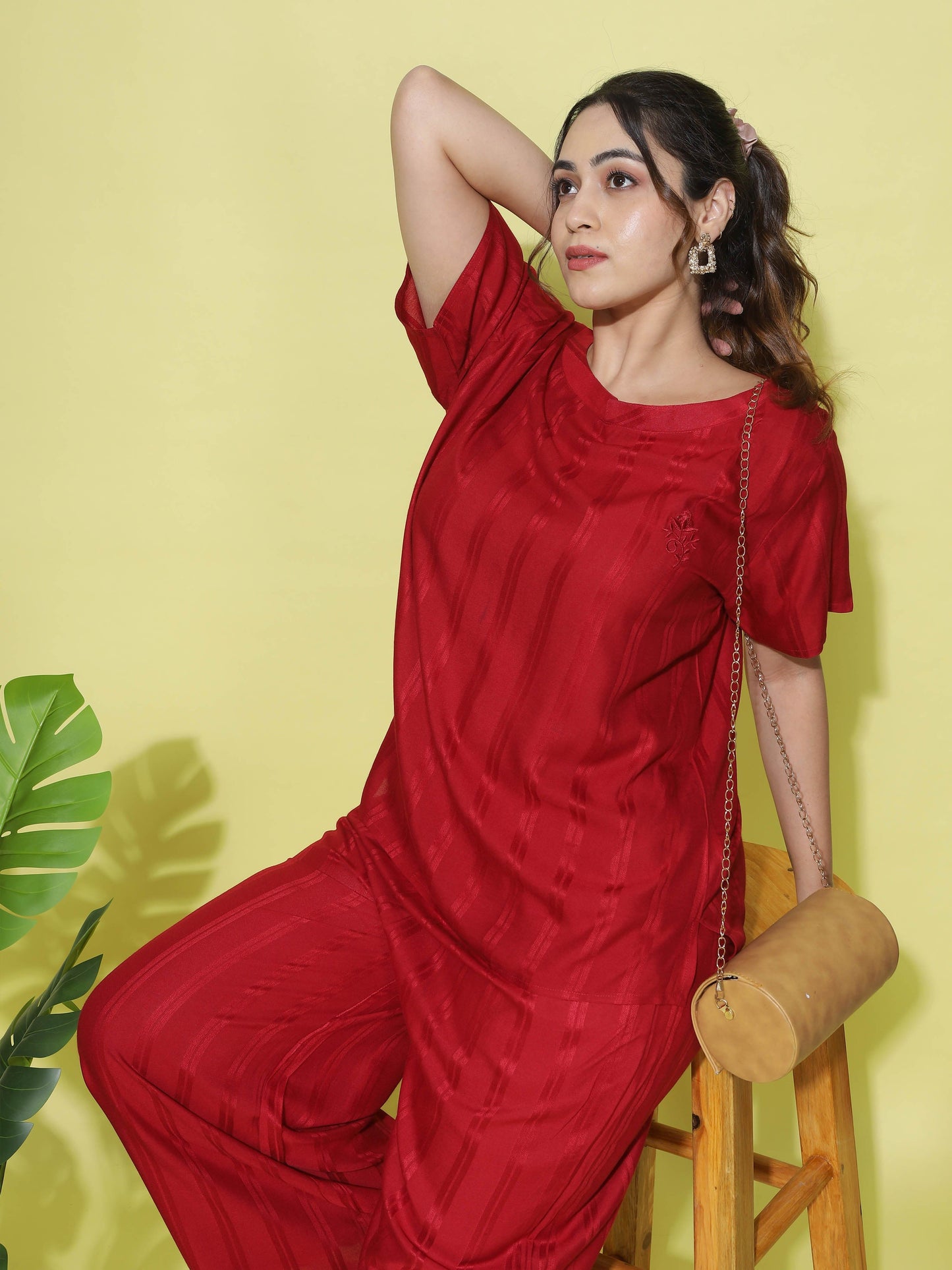 Rayon Round Neck Co-ord Sets Dark Red