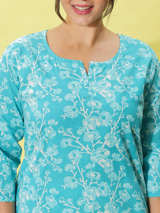 Aqua Blue Cotton Pyjama Set for Women Floral Nightwear & Loungewear