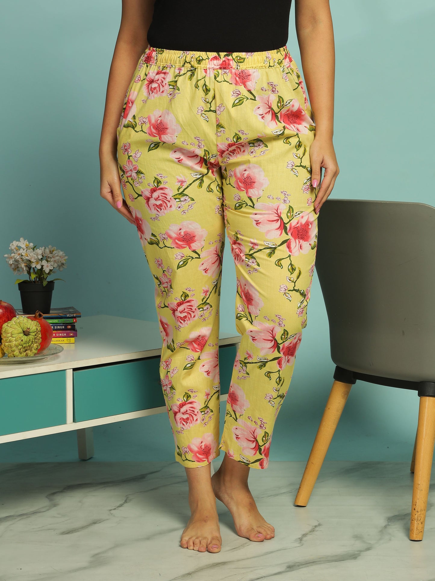 Yellow Floral Cotton Top & Pyjama Set