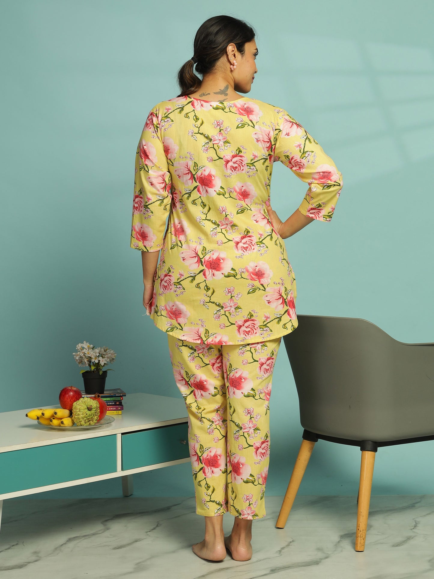 Yellow Floral Cotton Top & Pyjama Set