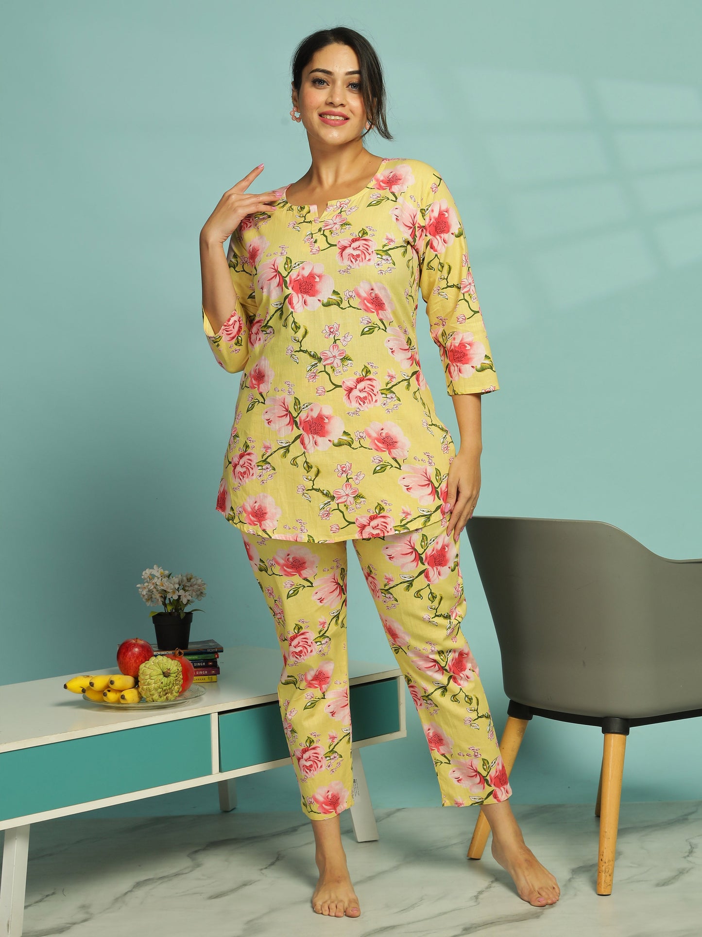 Yellow Floral Cotton Top & Pyjama Set