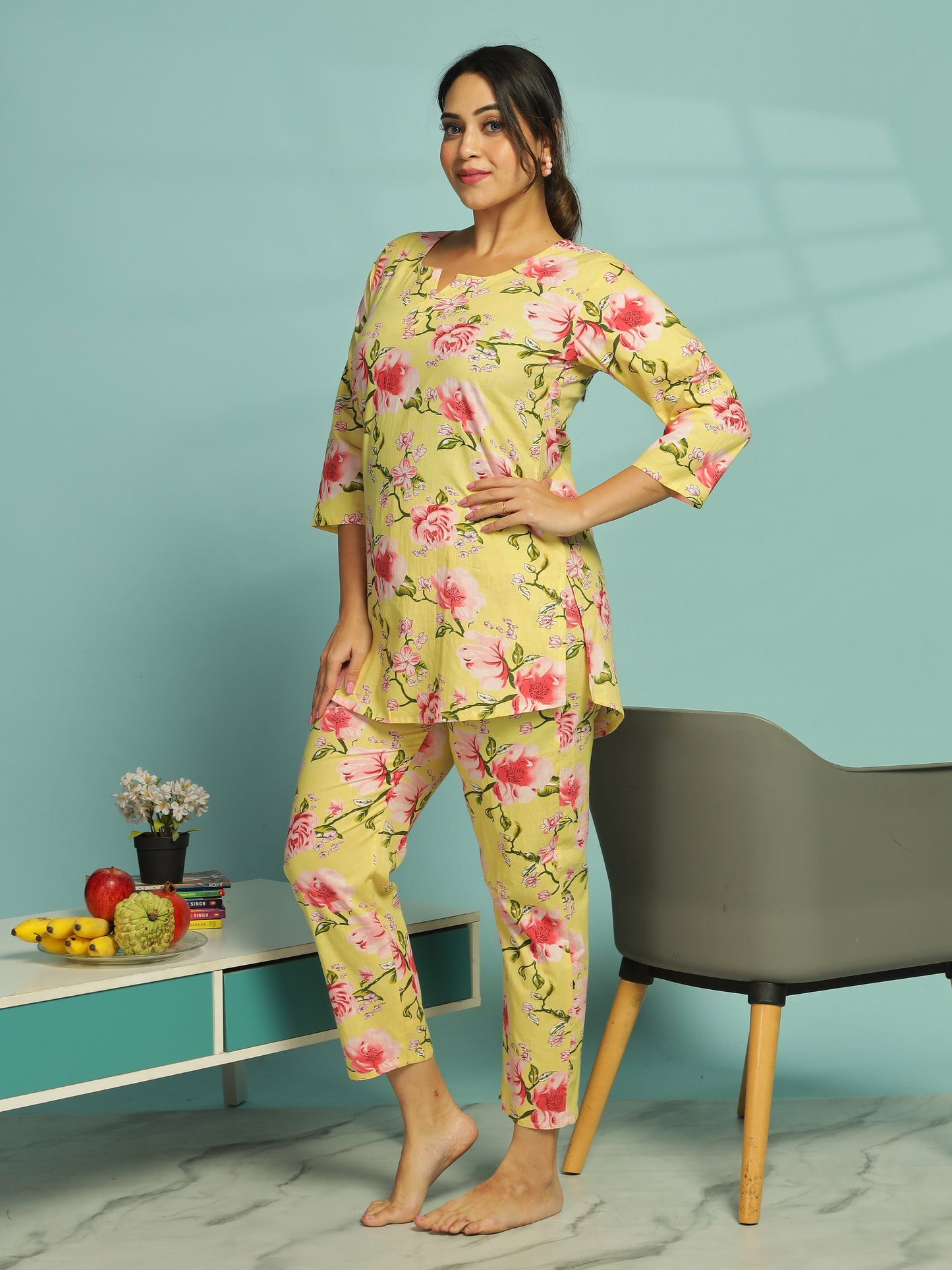 Yellow Floral Cotton Top & Pyjama Set