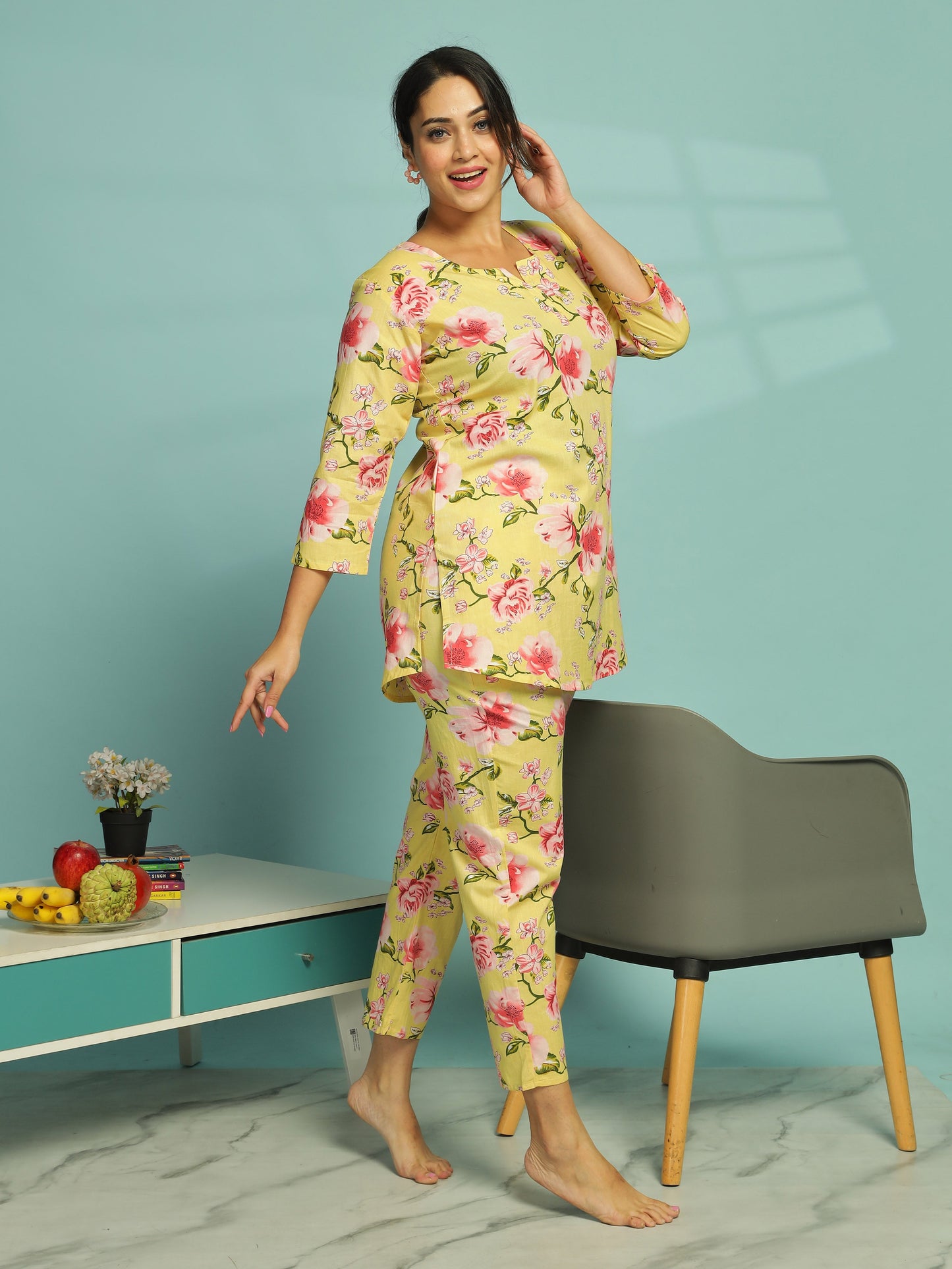 Yellow Floral Cotton Top & Pyjama Set