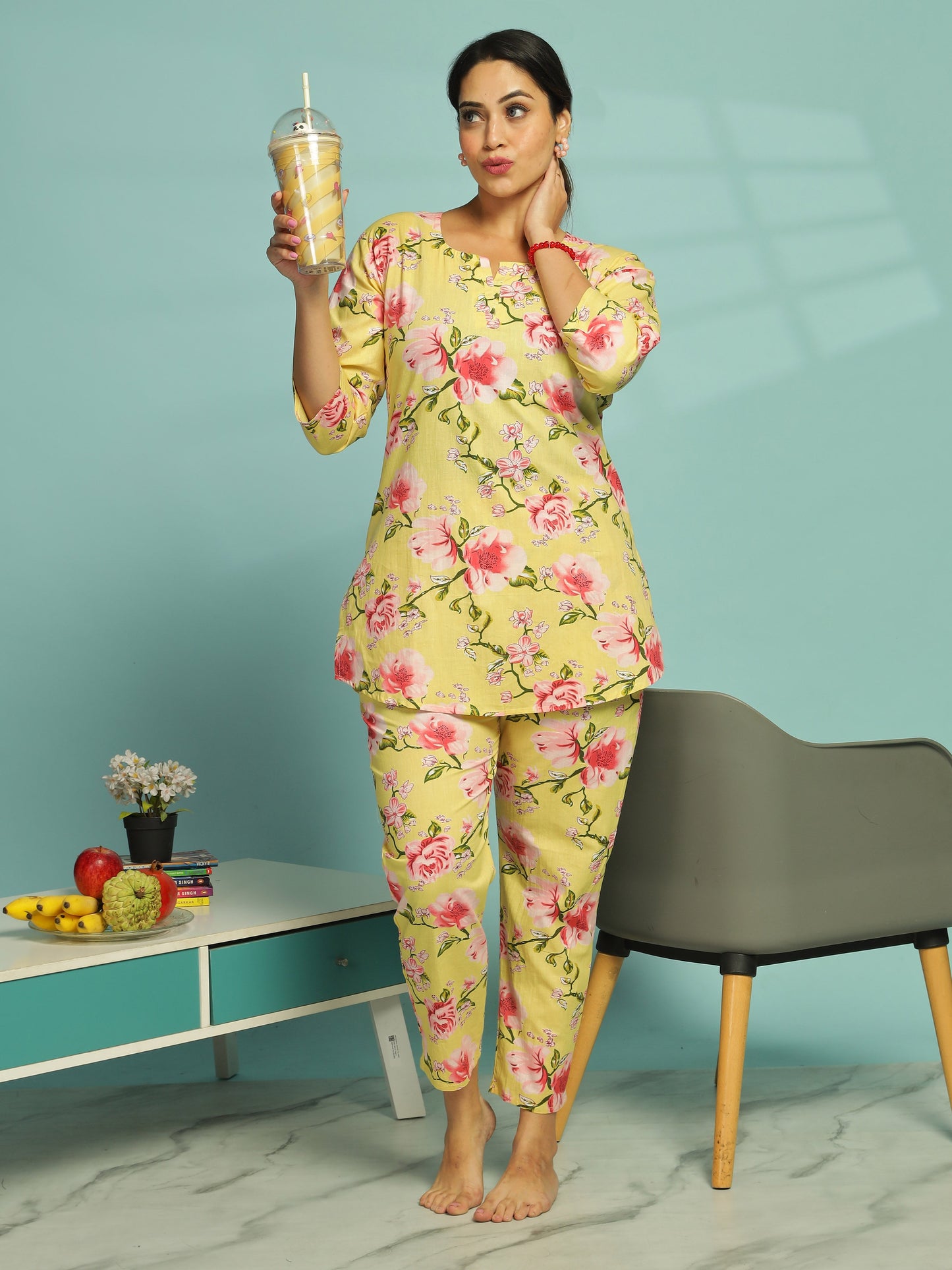 Yellow Floral Cotton Top & Pyjama Set