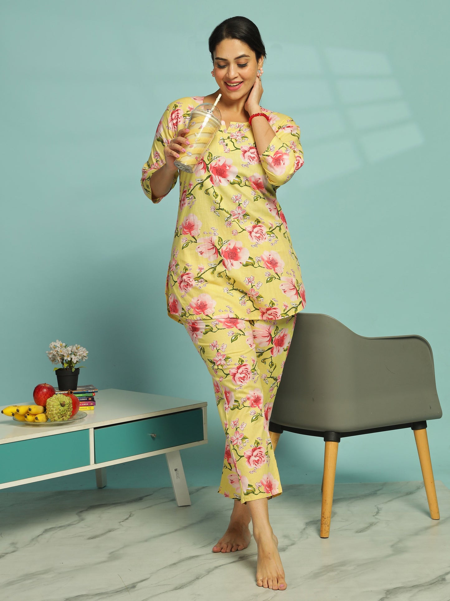 Yellow Floral Cotton Top & Pyjama Set