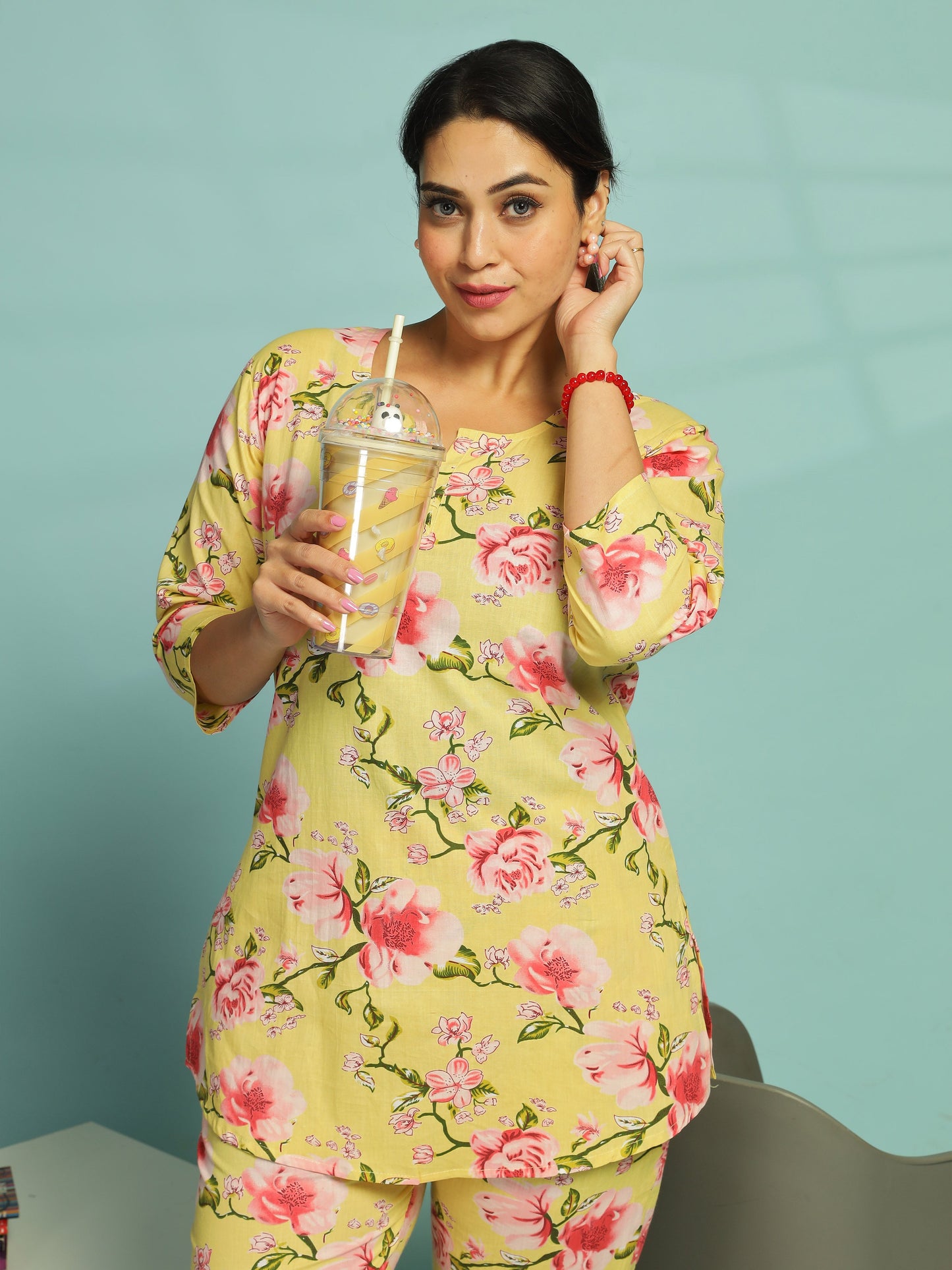 Yellow Floral Cotton Top & Pyjama Set