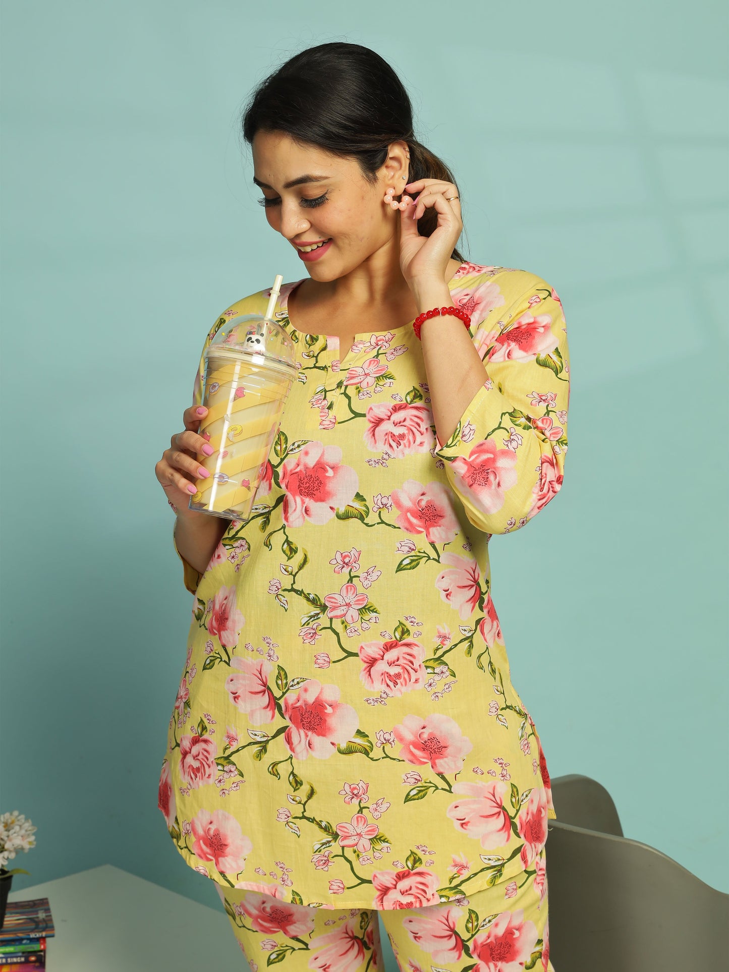 Yellow Floral Cotton Top & Pyjama Set