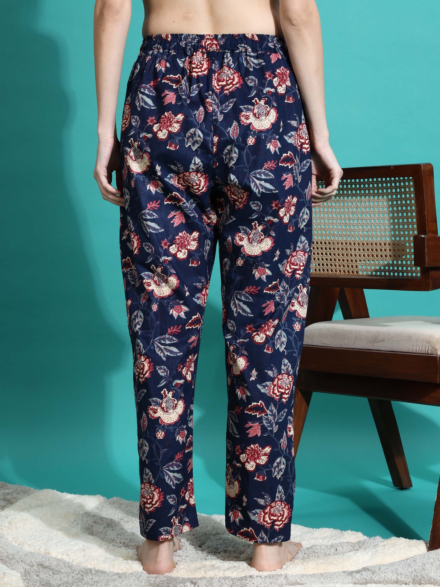 Navy Blue Printed Cotton Pyjama Set for Women Explore Comfort