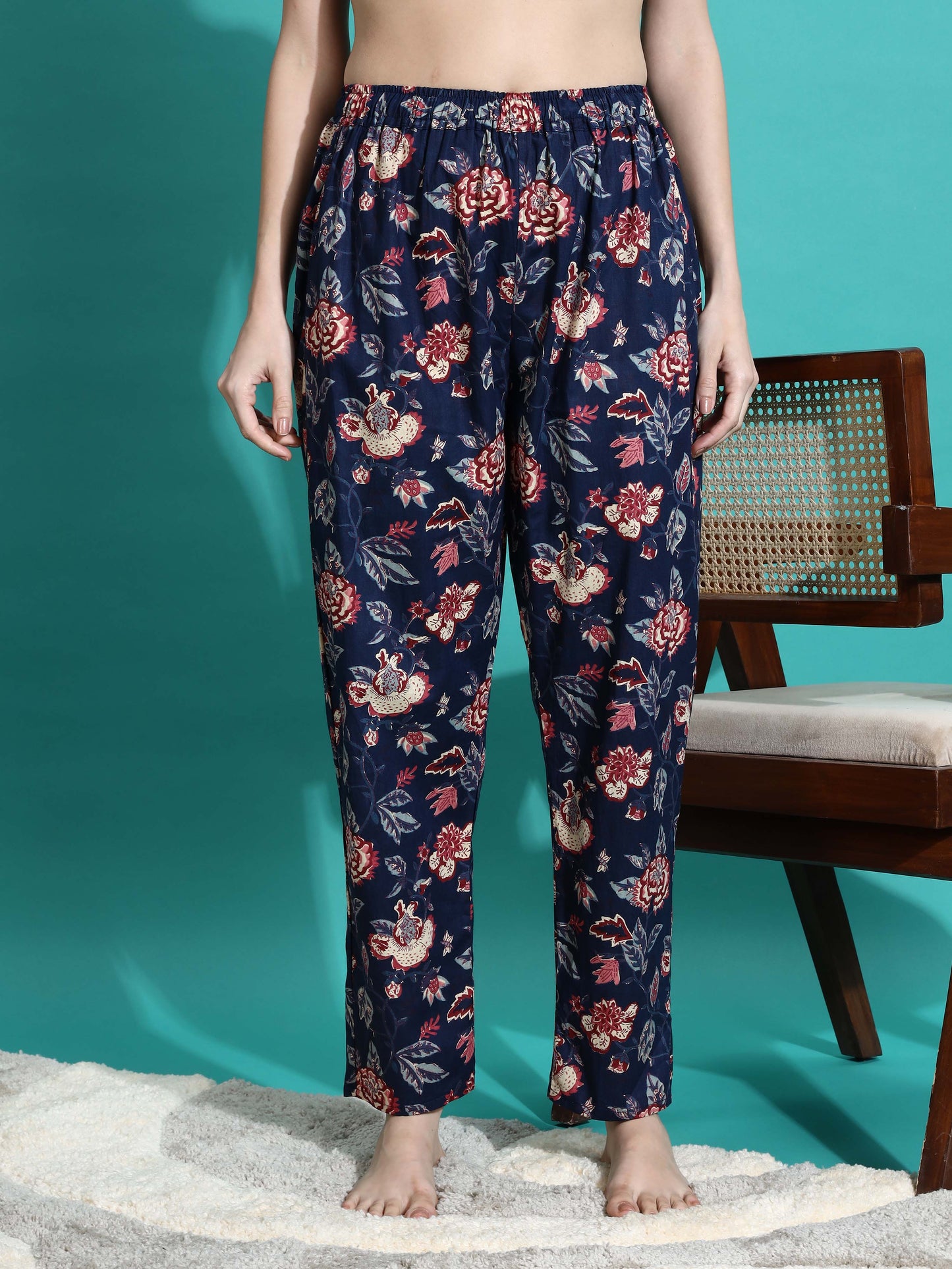 Navy Blue Printed Cotton Pyjama Set for Women Explore Comfort