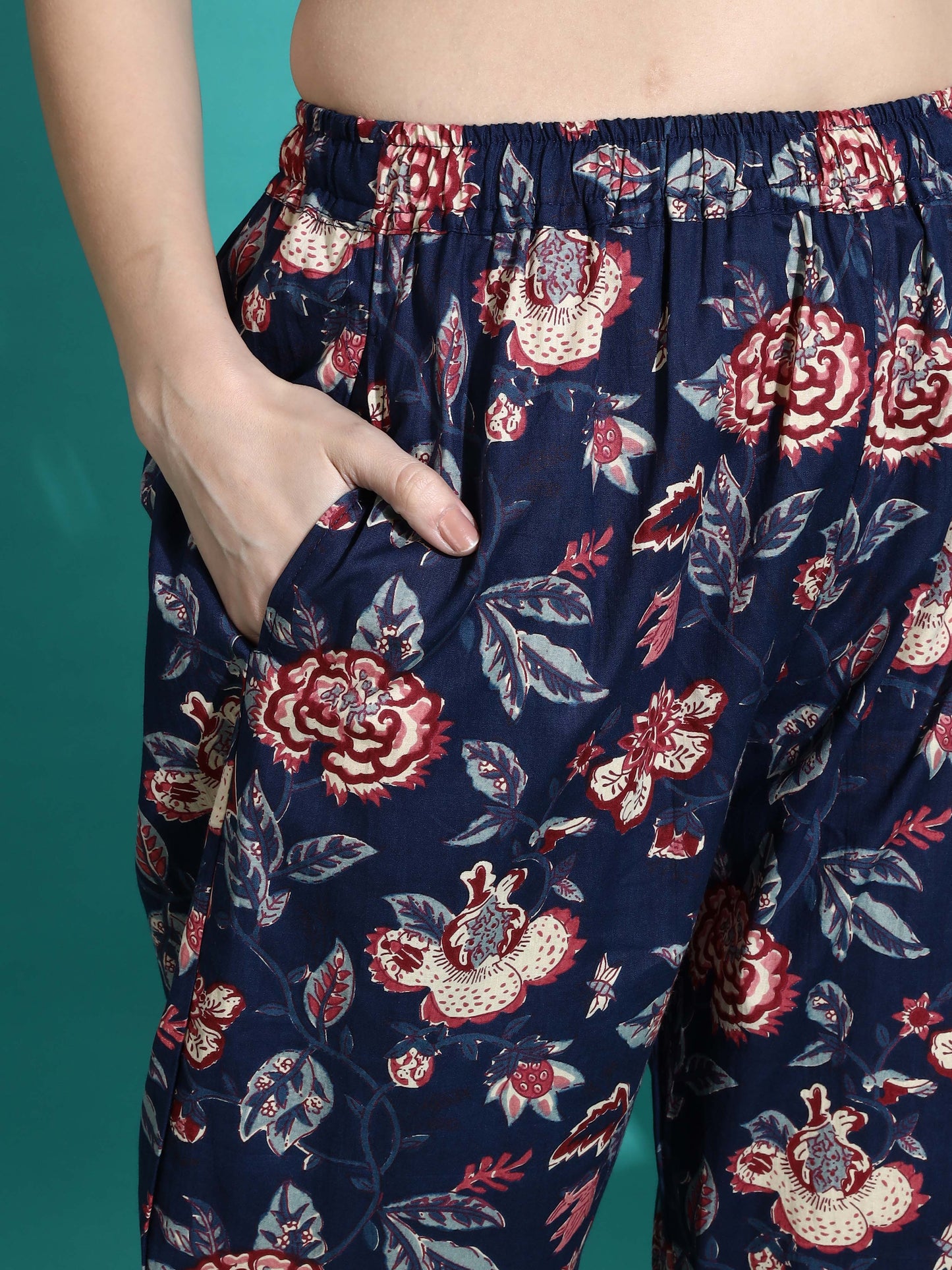 Navy Blue Printed Cotton Pyjama Set for Women Explore Comfort