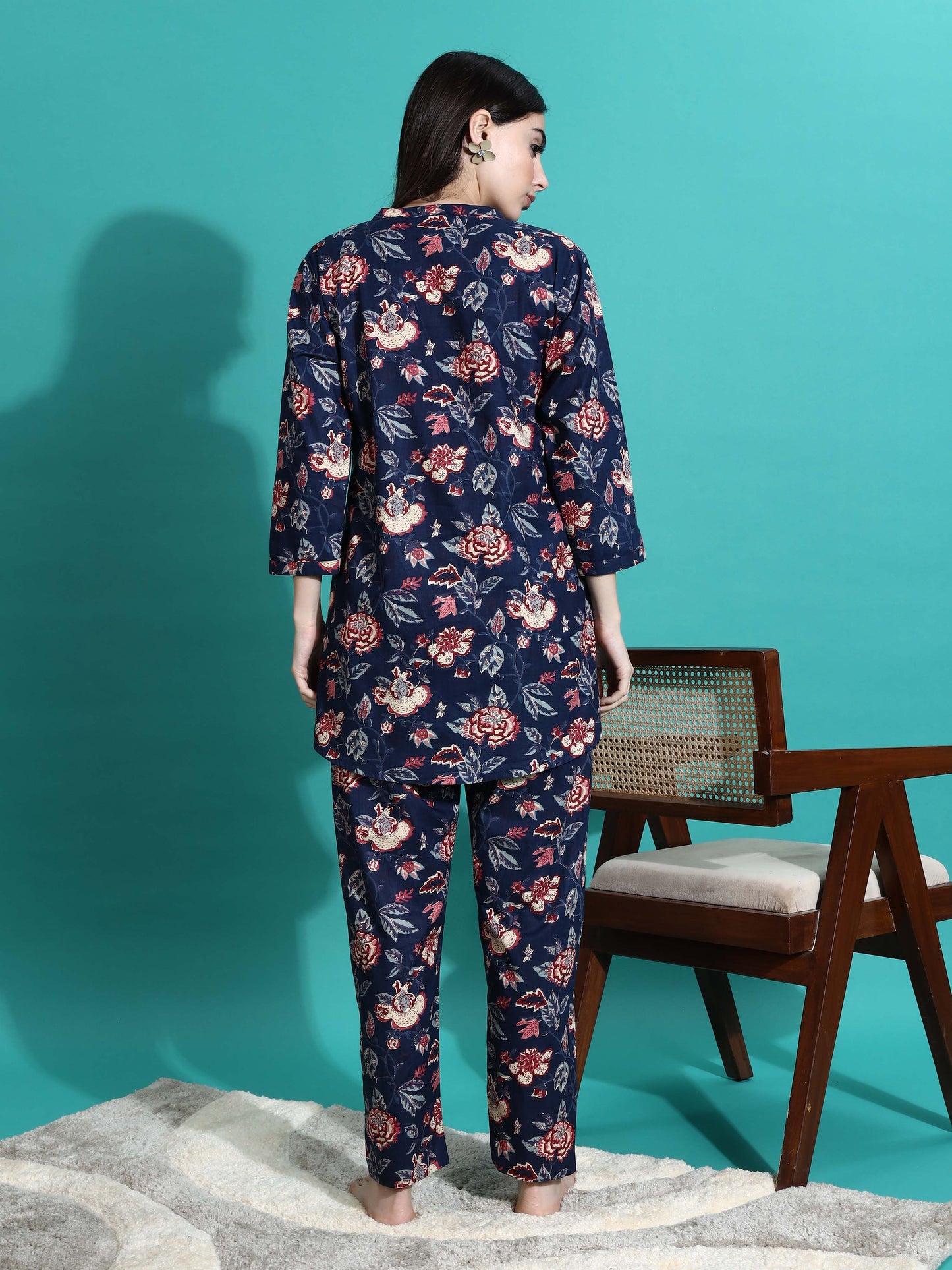 Navy Blue Printed Cotton Pyjama Set for Women Explore Comfort