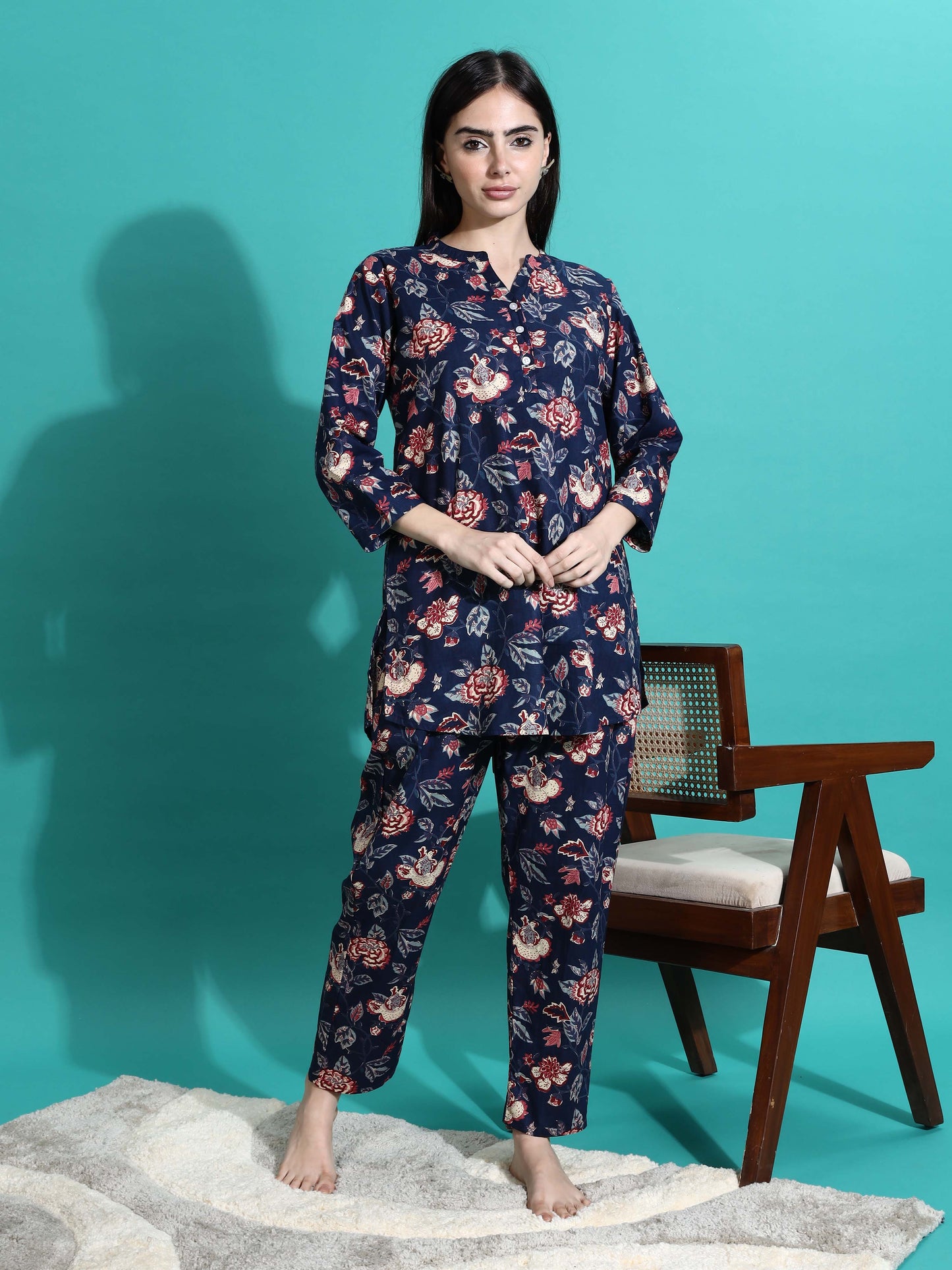 Navy Blue Printed Cotton Pyjama Set for Women Explore Comfort