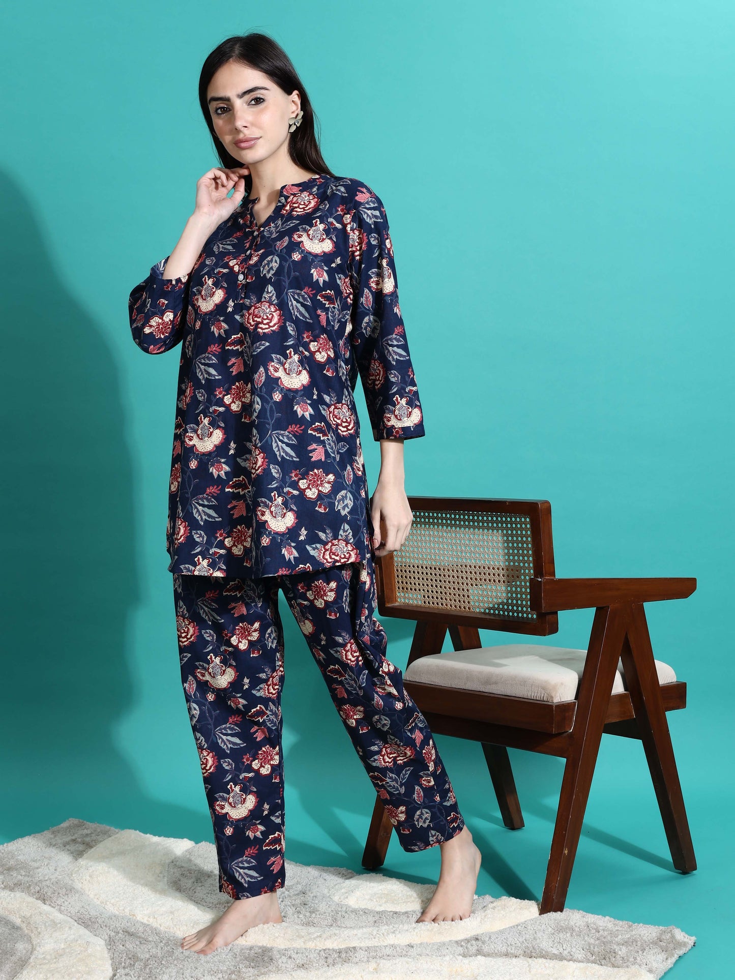 Navy Blue Printed Cotton Pyjama Set for Women Explore Comfort