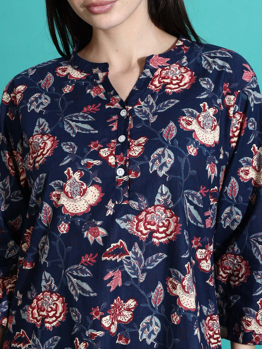 Navy Blue Printed Cotton Pyjama Set for Women Explore Comfort