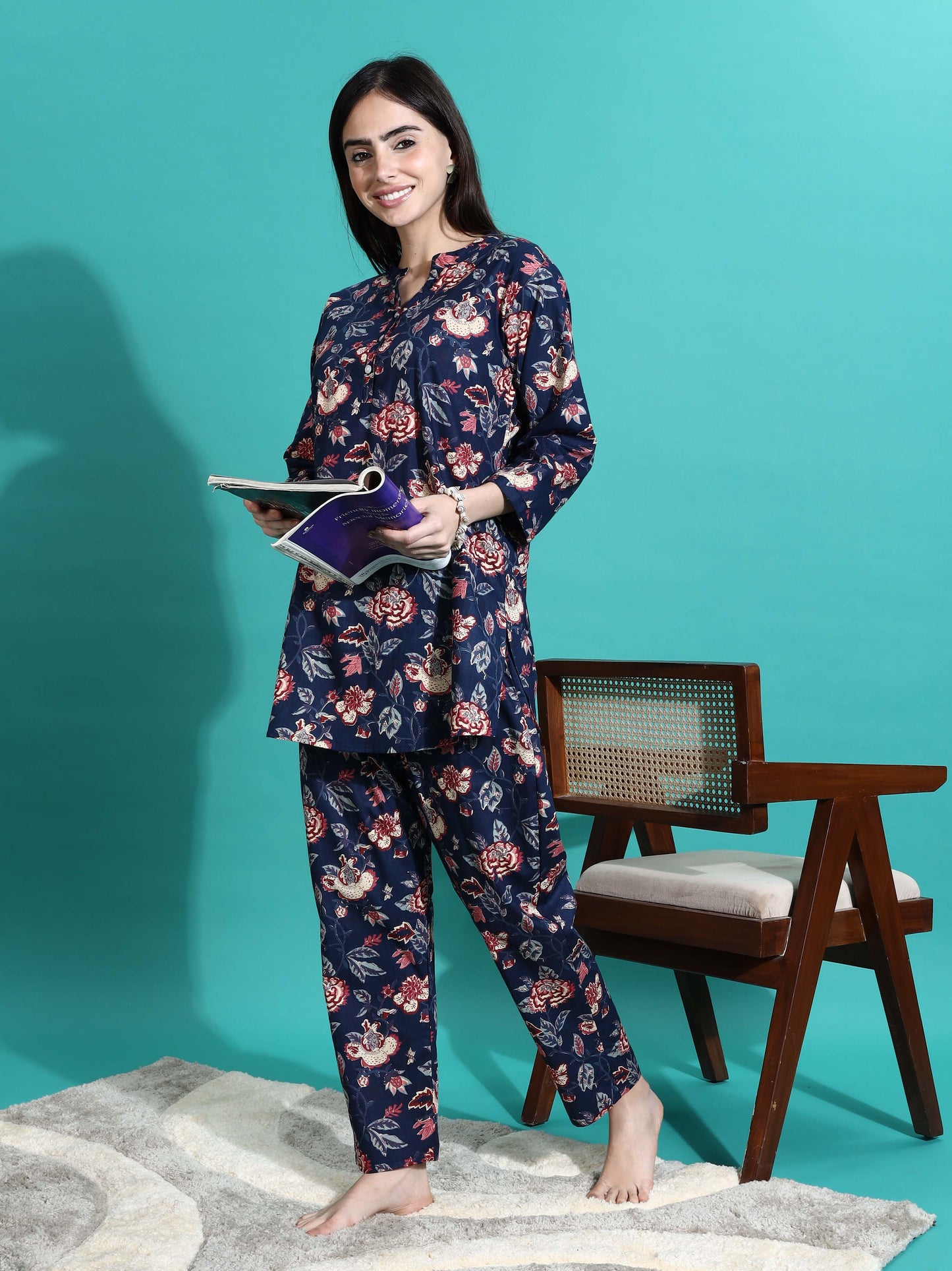 Navy Blue Printed Cotton Pyjama Set for Women Explore Comfort