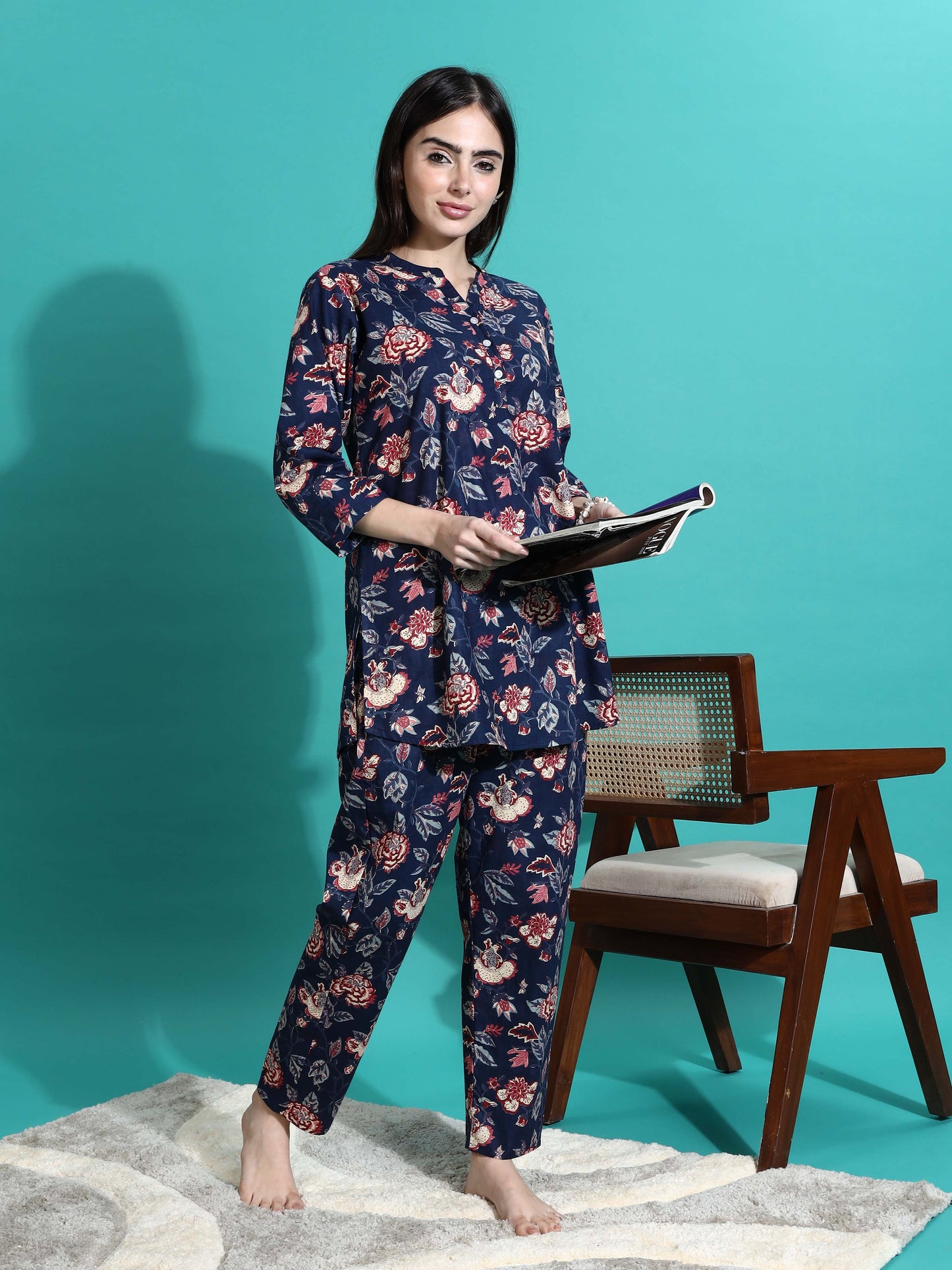 Navy Blue Printed Cotton Pyjama Set for Women Explore Comfort