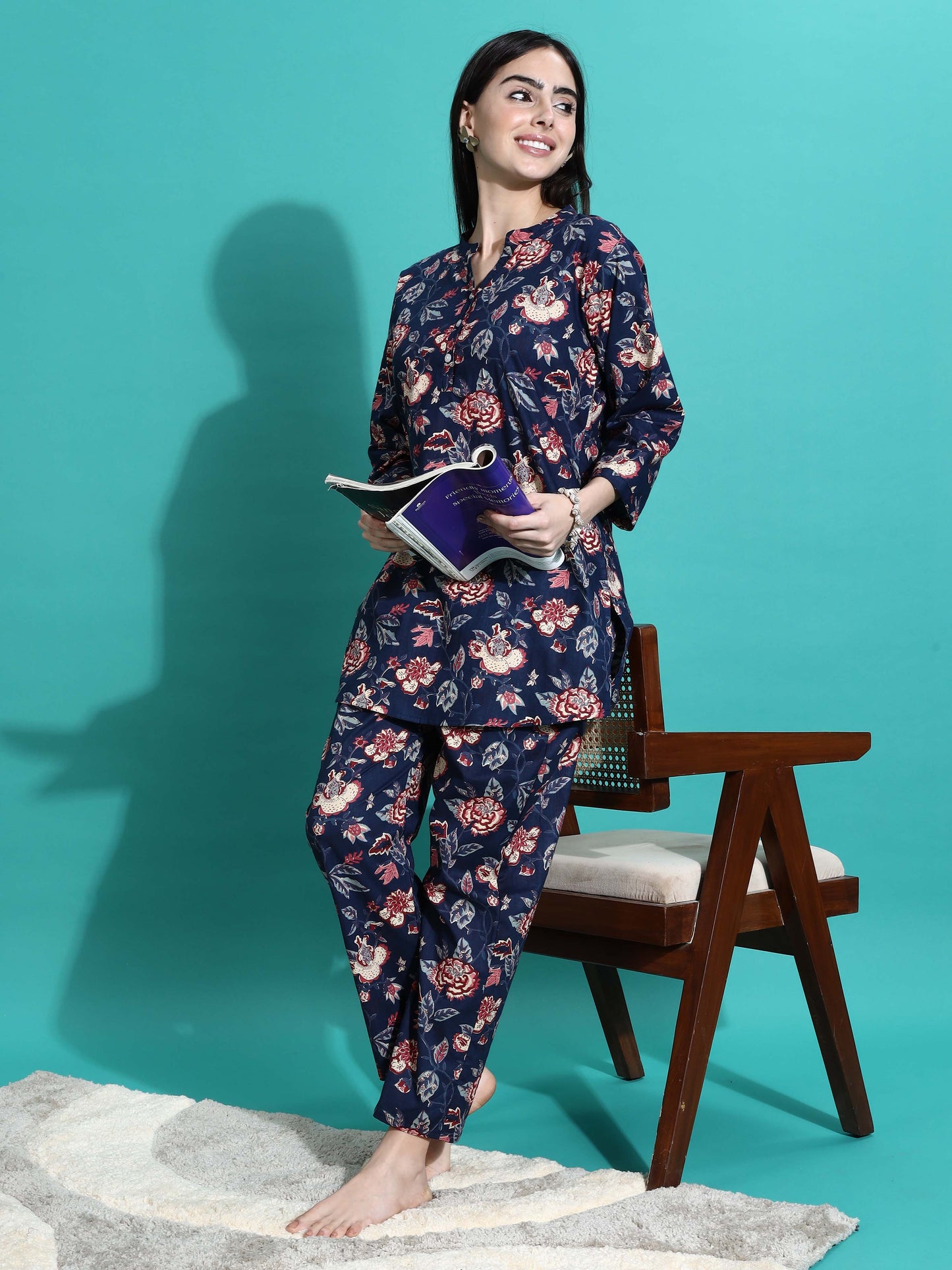 Navy Blue Printed Cotton Pyjama Set for Women Explore Comfort