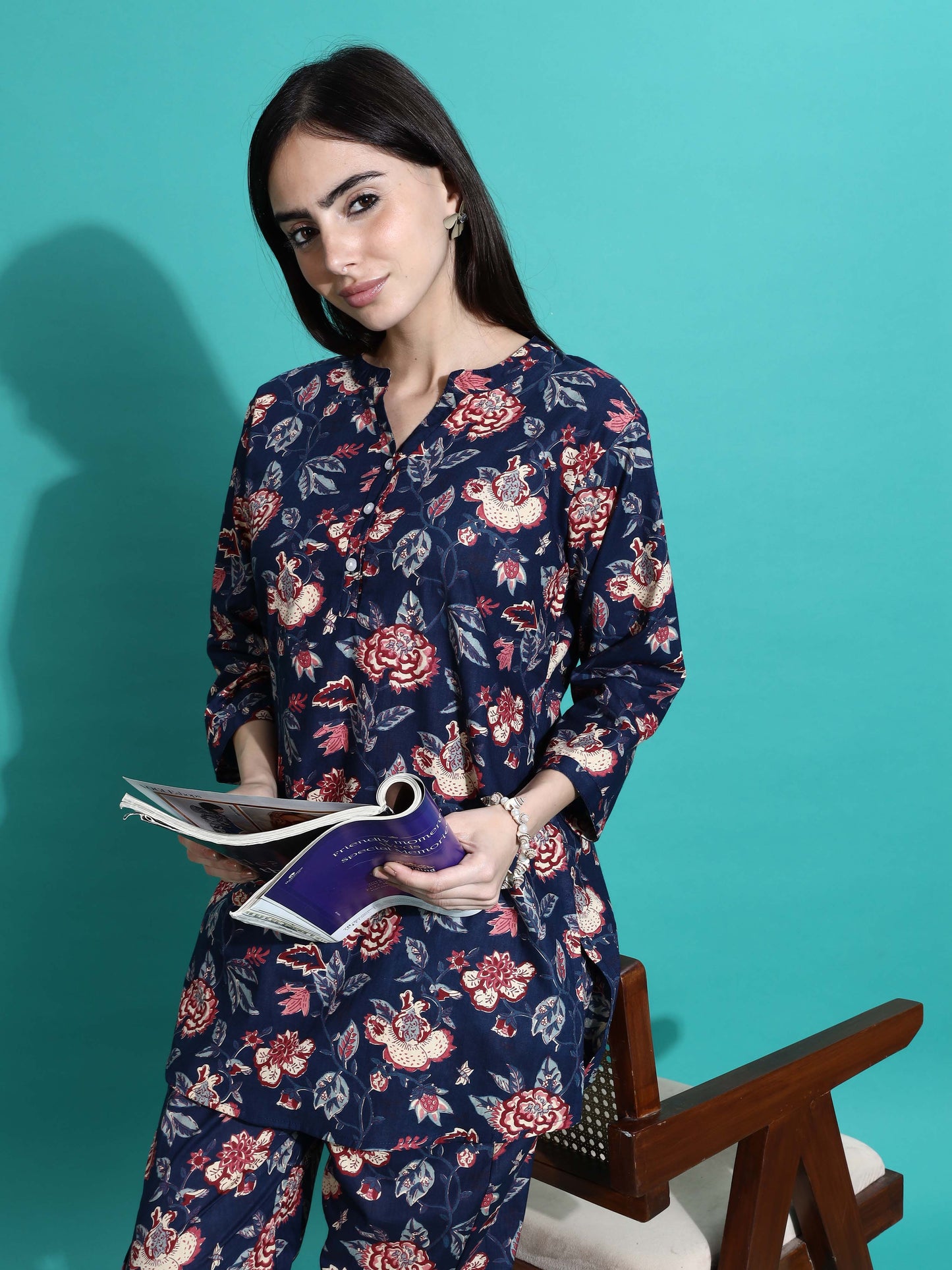 Navy Blue Printed Cotton Pyjama Set for Women Explore Comfort