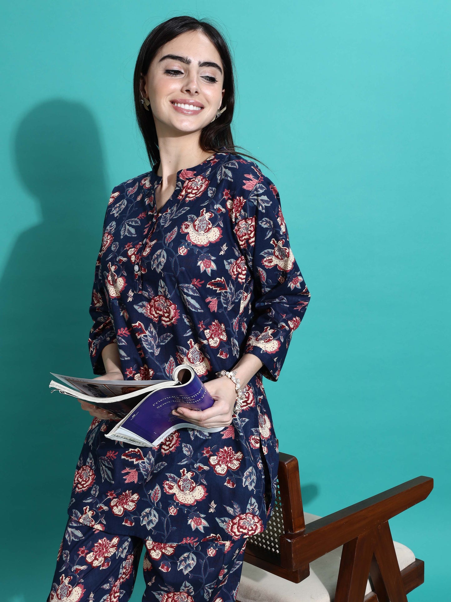Navy Blue Printed Cotton Pyjama Set for Women Explore Comfort