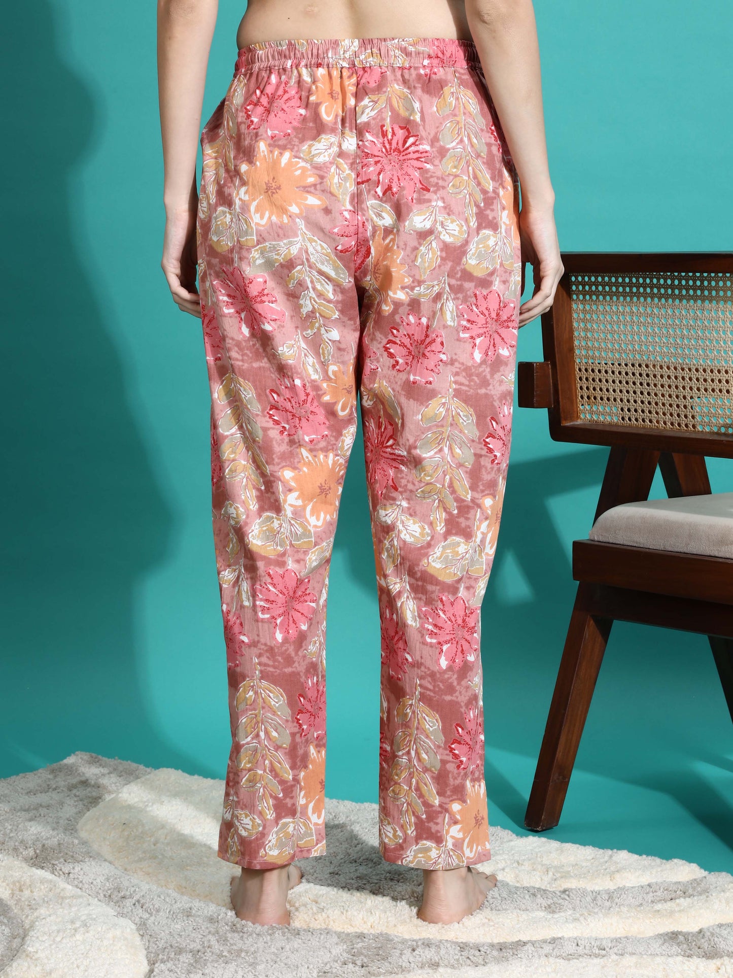 Pink Orange Floral Cotton Pajama Set for Women With Relax in Style