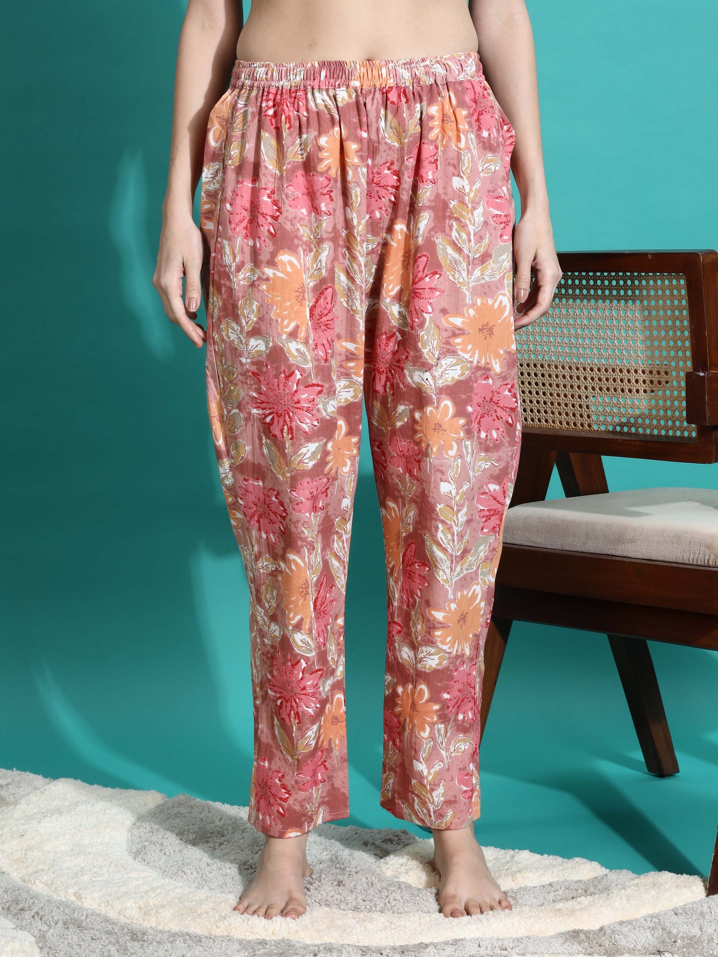 Pink Orange Floral Cotton Pajama Set for Women With Relax in Style