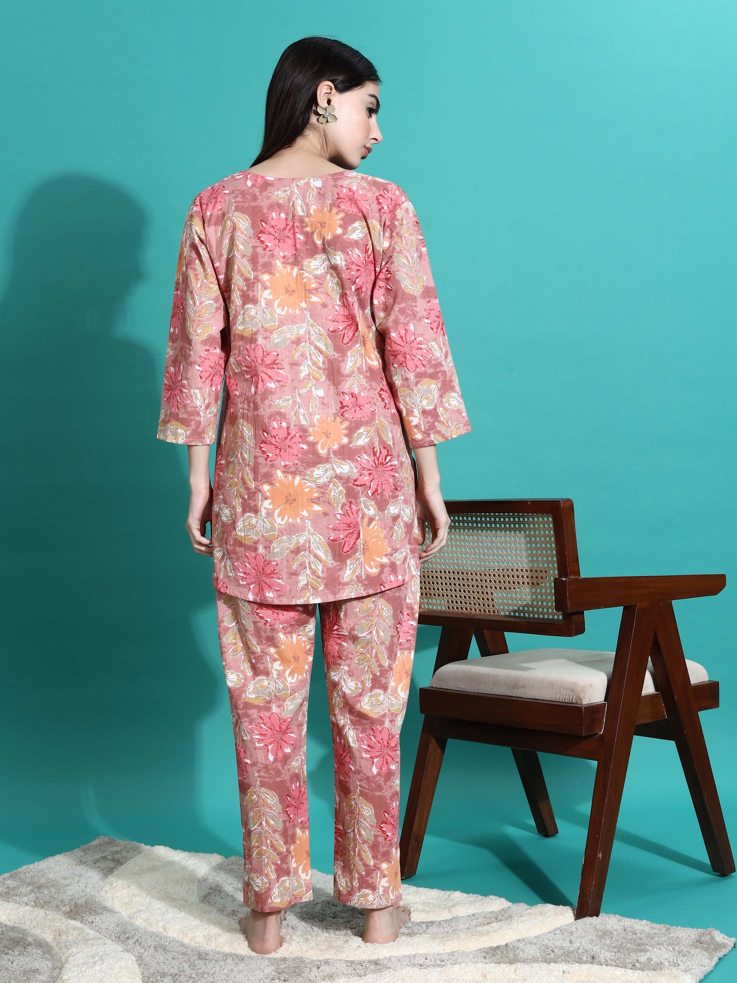 Pink Orange Floral Cotton Pajama Set for Women With Relax in Style