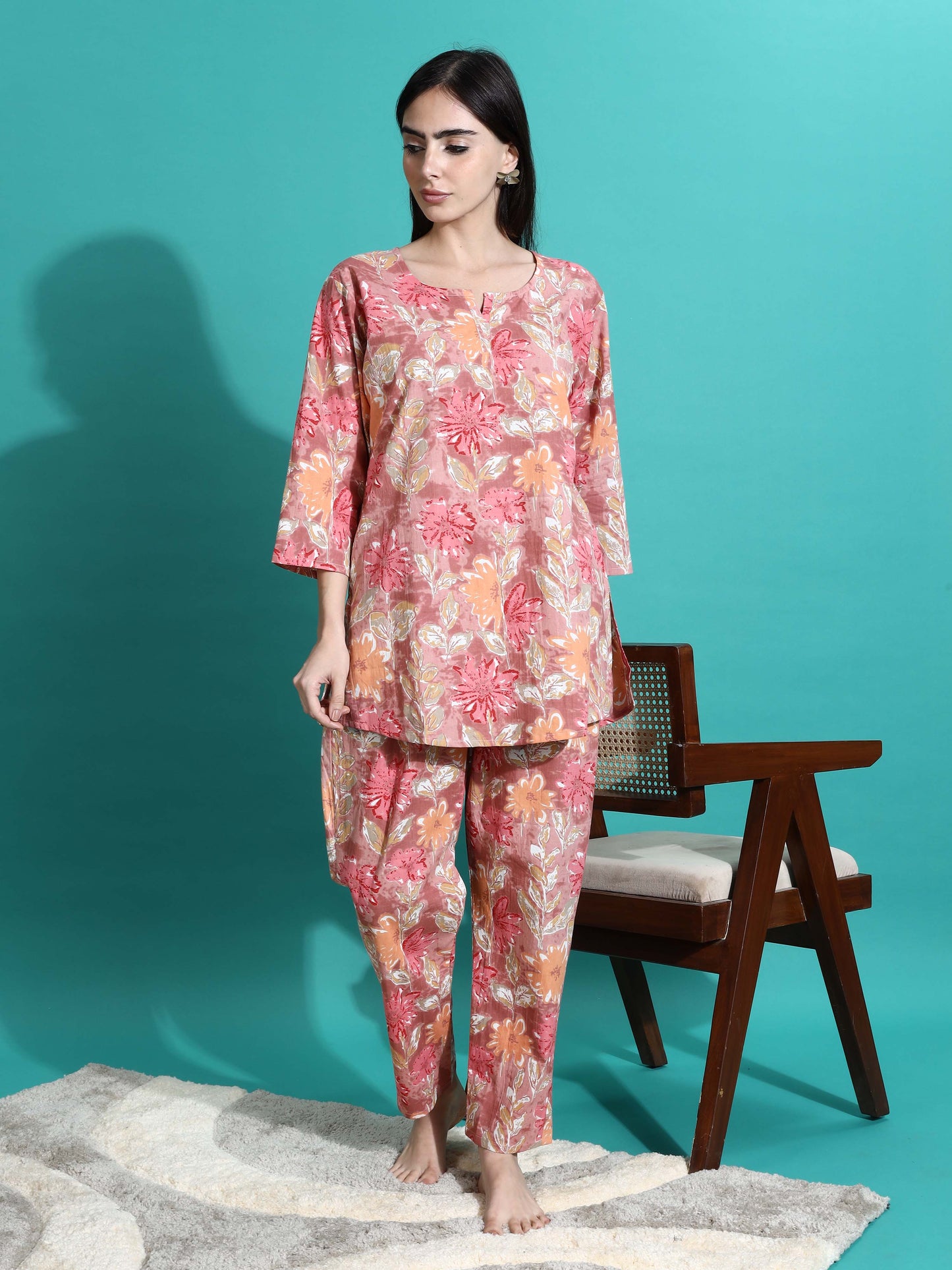Pink Orange Floral Cotton Pajama Set for Women With Relax in Style