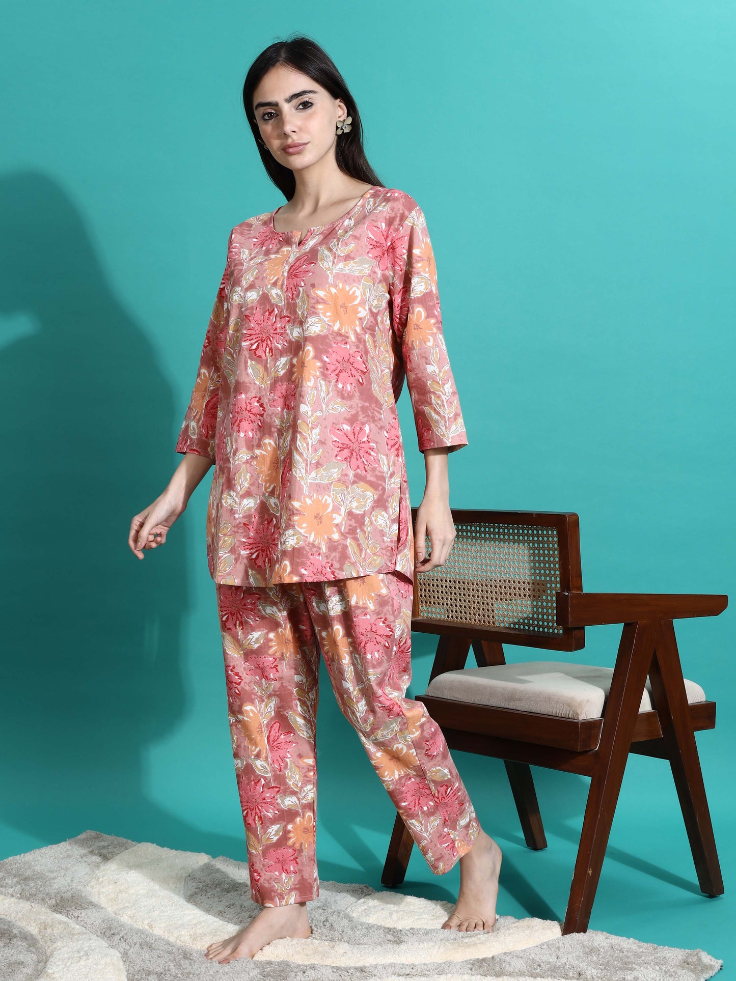Pink Orange Floral Cotton Pajama Set for Women With Relax in Style