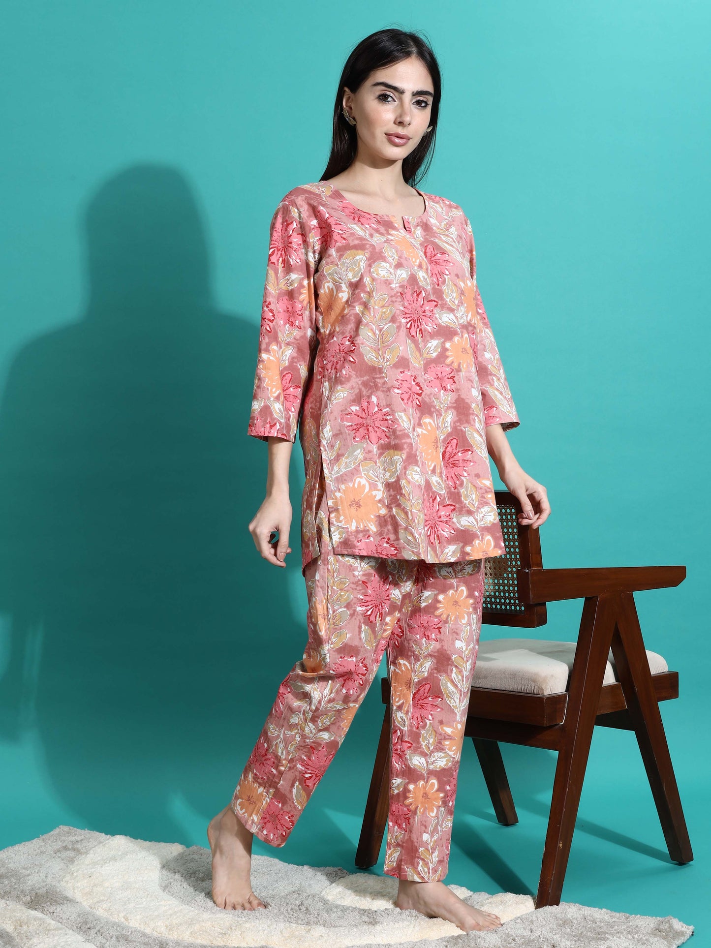 Pink Orange Floral Cotton Pajama Set for Women With Relax in Style