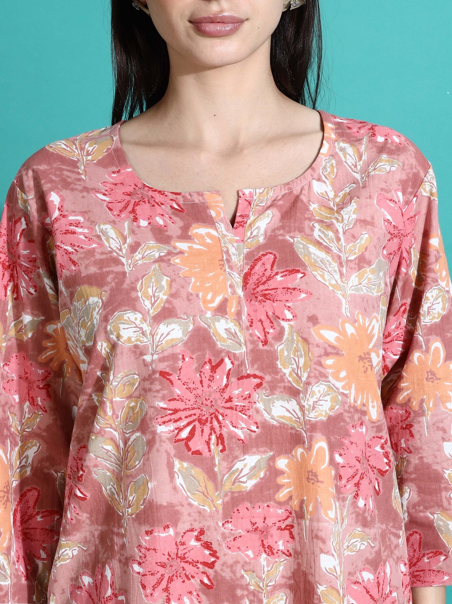 Pink Orange Floral Cotton Pajama Set for Women With Relax in Style