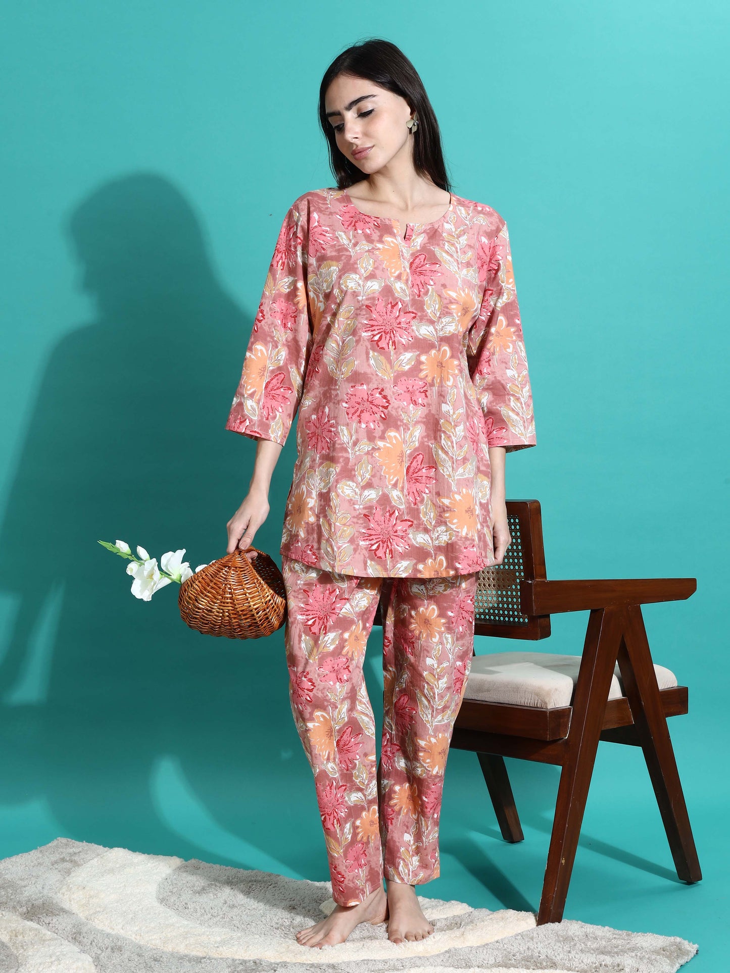 Pink Orange Floral Cotton Pajama Set for Women With Relax in Style