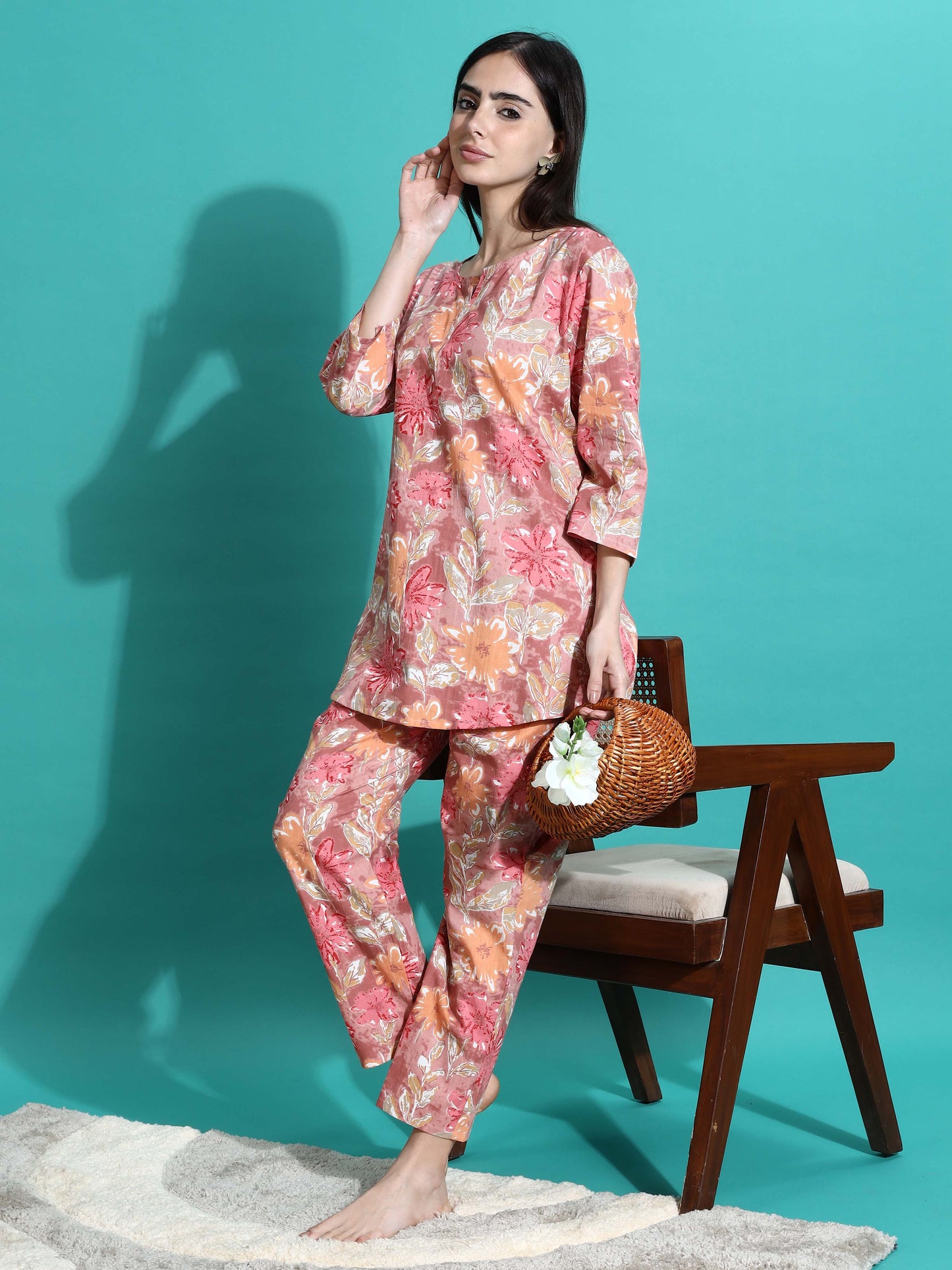 Pink Orange Floral Cotton Pajama Set for Women With Relax in Style