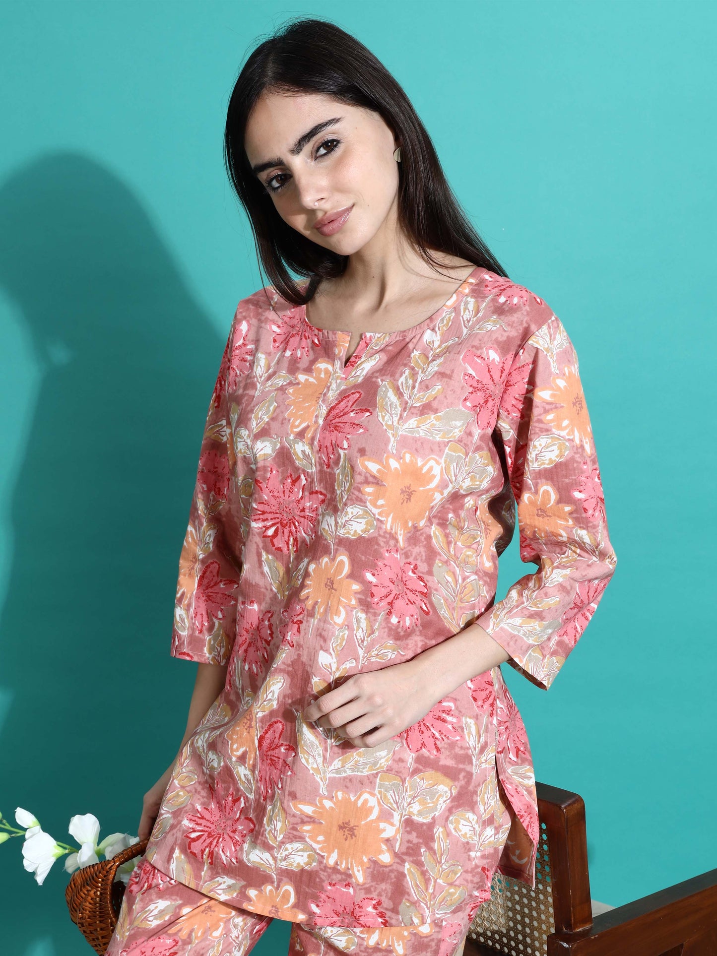 Pink Orange Floral Cotton Pajama Set for Women With Relax in Style