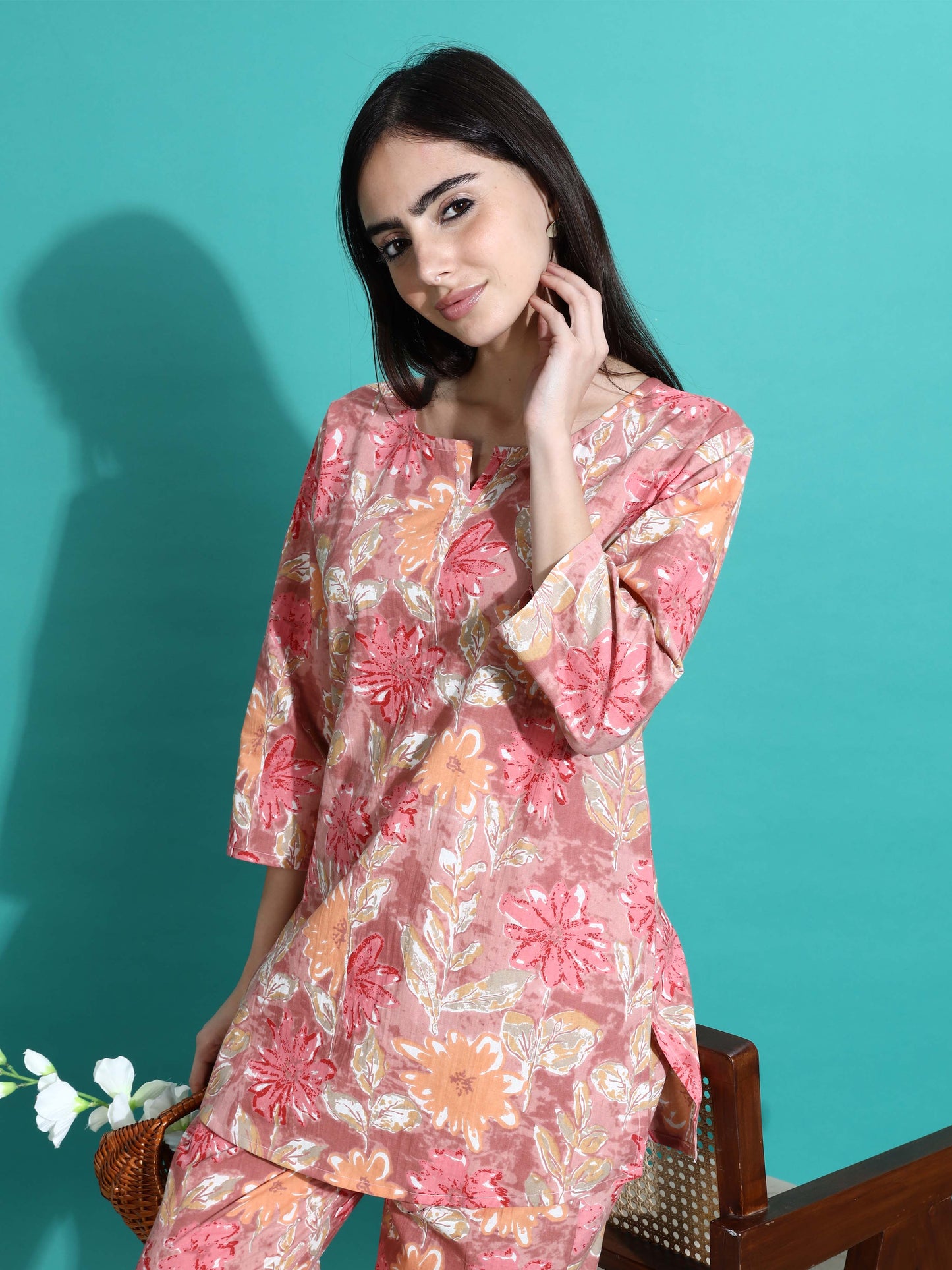 Pink Orange Floral Cotton Pajama Set for Women With Relax in Style