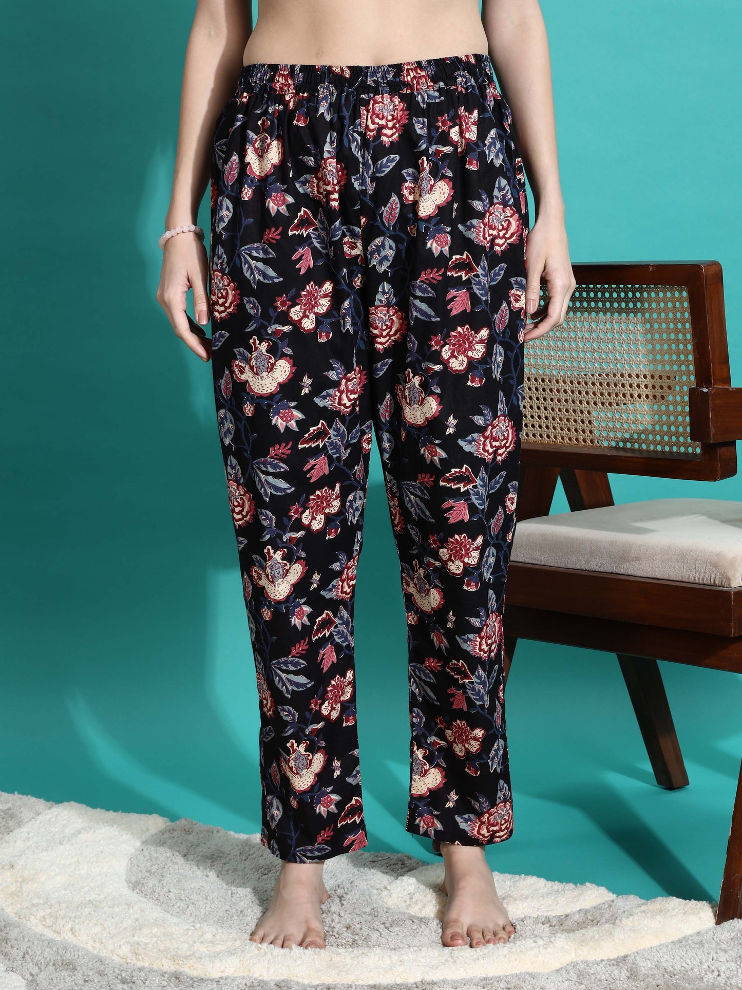 Midnight Black Floral Cotton Pyjama Set for Women Buy Today