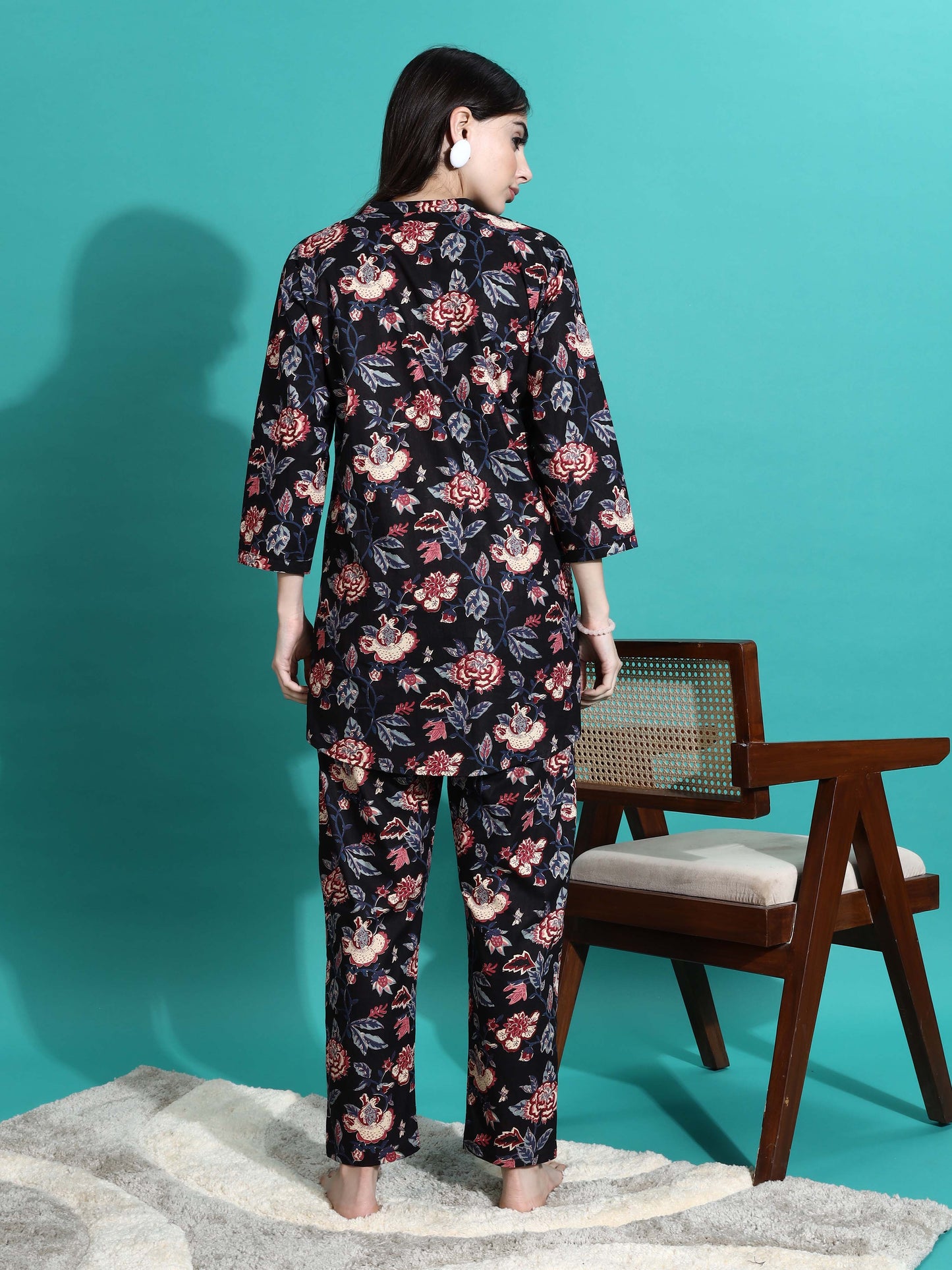 Midnight Black Floral Cotton Pyjama Set for Women Buy Today