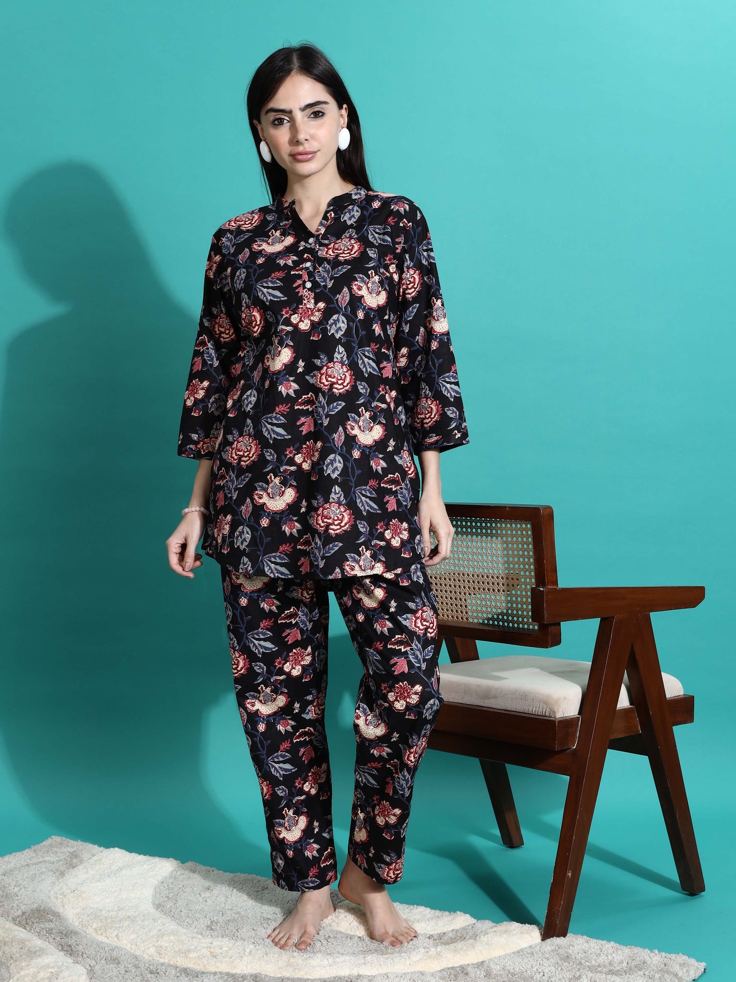 Midnight Black Floral Cotton Pyjama Set for Women Buy Today