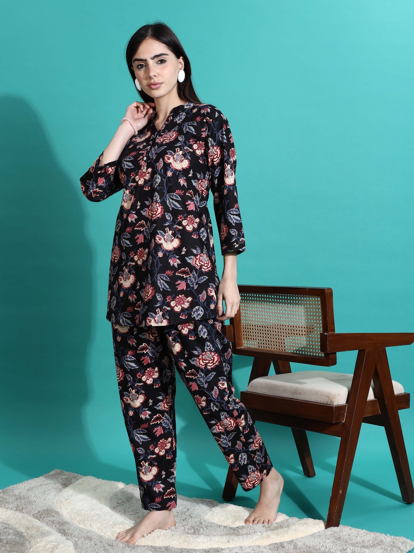 Midnight Black Floral Cotton Pyjama Set for Women Buy Today