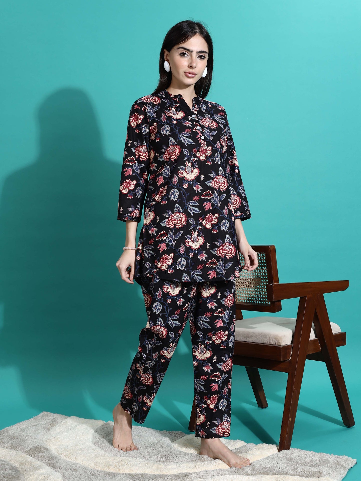 Midnight Black Floral Cotton Pyjama Set for Women Buy Today