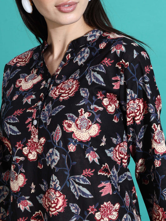 Midnight Black Floral Cotton Pyjama Set for Women Buy Today