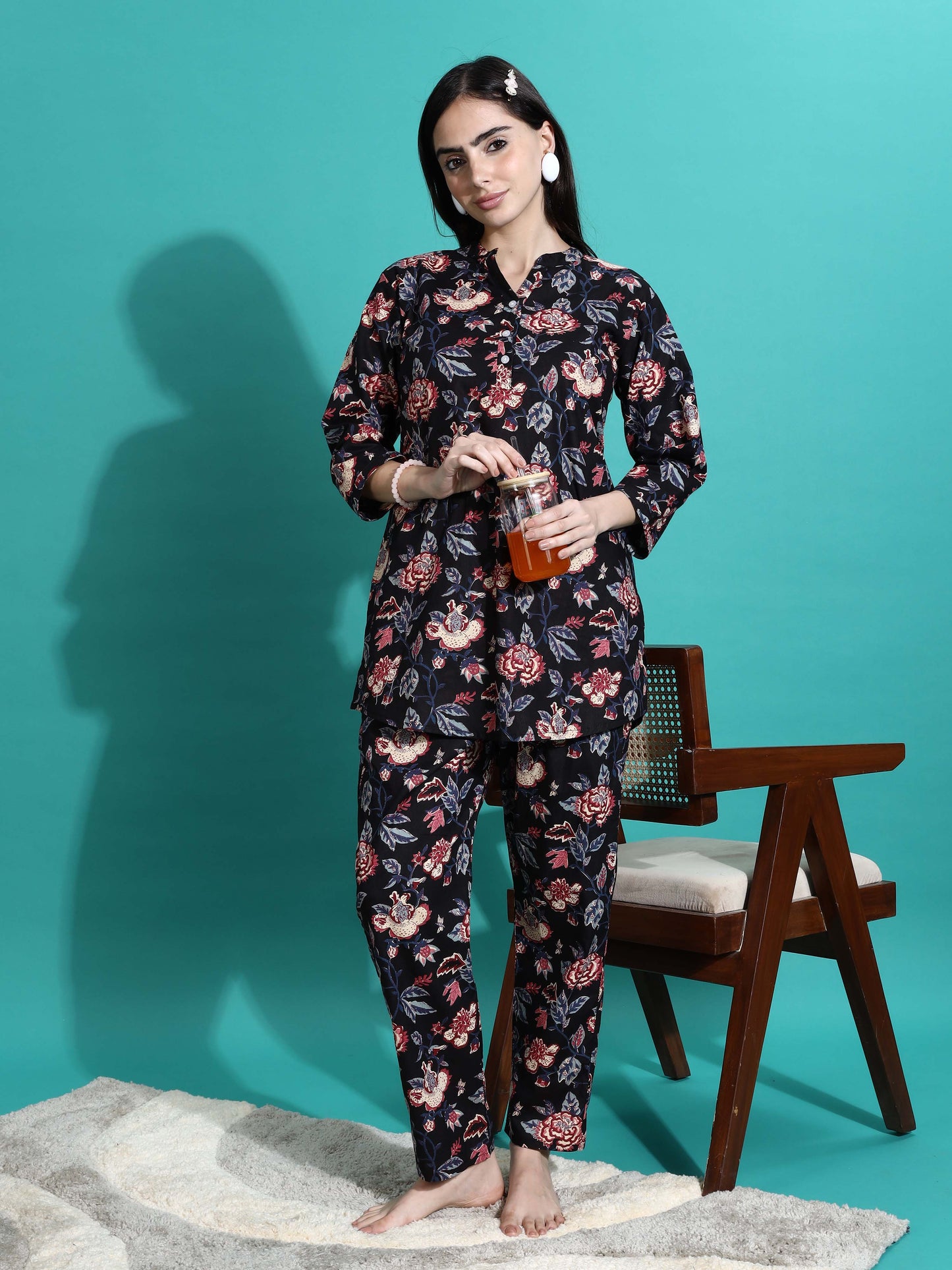 Midnight Black Floral Cotton Pyjama Set for Women Buy Today